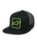 Alpinestars Control Trucker Pet, zwart met neon groen logo, snapback cap met mesh achterkant, platte klep met gevlochten koord detail, gestructureerd voorpaneel met geborduurd Astars logo, casual motorsport stijl