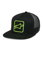 Alpinestars Control Trucker Pet, zwart met neon groen logo, snapback cap met mesh achterkant, platte klep met gevlochten koord detail, gestructureerd voorpaneel met geborduurd Astars logo, casual motorsport stijl