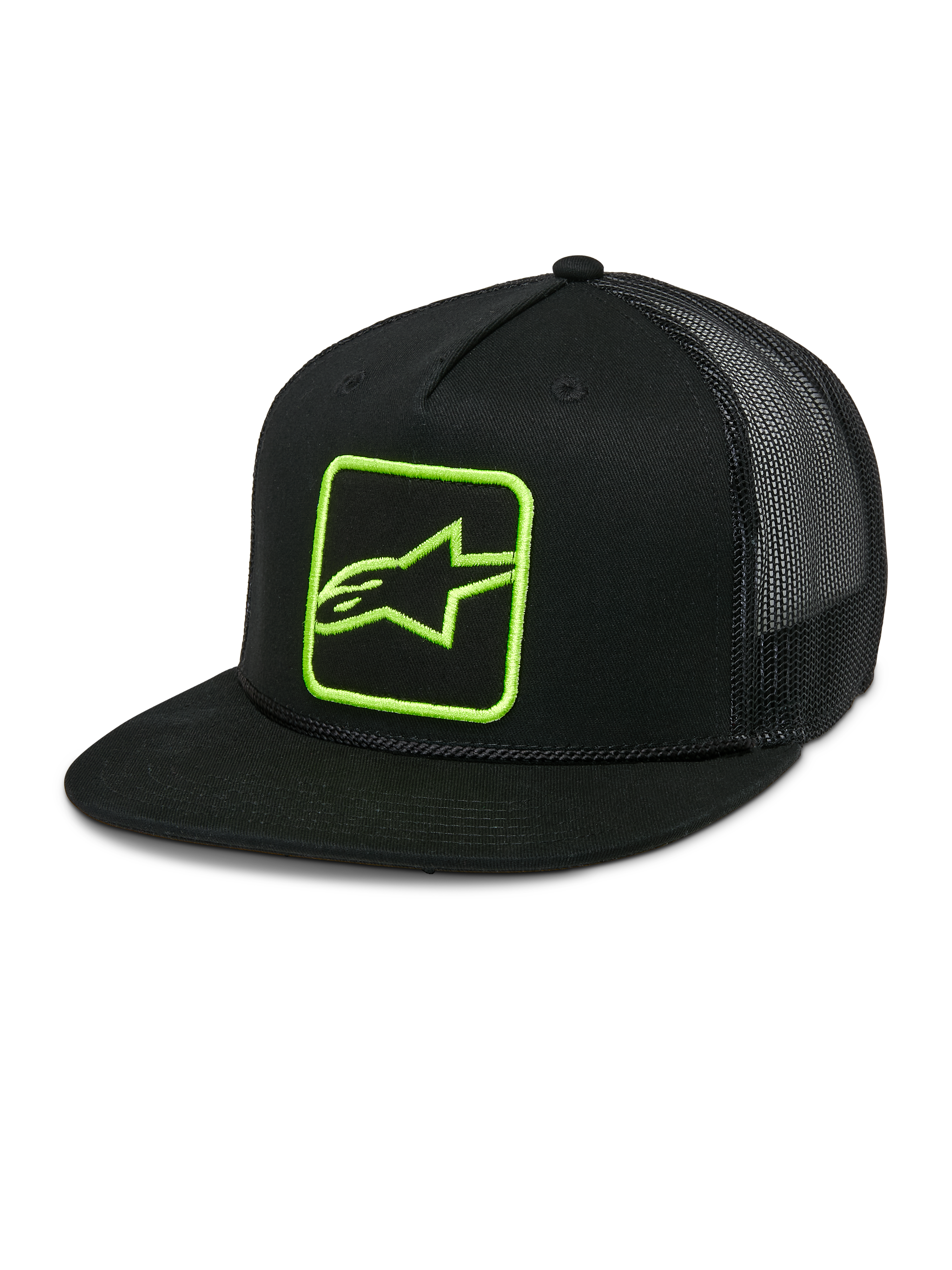 Alpinestars Control Trucker Pet, zwart met neon groen logo, snapback cap met mesh achterkant, platte klep met gevlochten koord detail, gestructureerd voorpaneel met geborduurd Astars logo, casual motorsport stijl