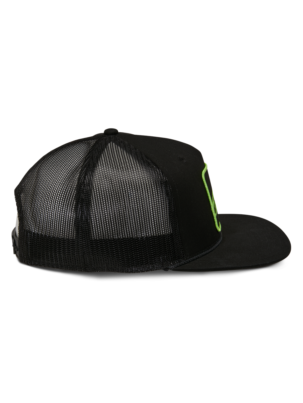 Alpinestars Control Trucker pet, trucker pet, zwart, zijaanzicht met mesh achterkant en platte klep, limoengroene geborduurde logo-omtrek, casual motorsport streetwear