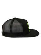 Alpinestars Control Trucker pet, trucker pet, zwart, zijaanzicht met mesh achterkant en platte klep, limoengroene geborduurde logo-omtrek, casual motorsport streetwear