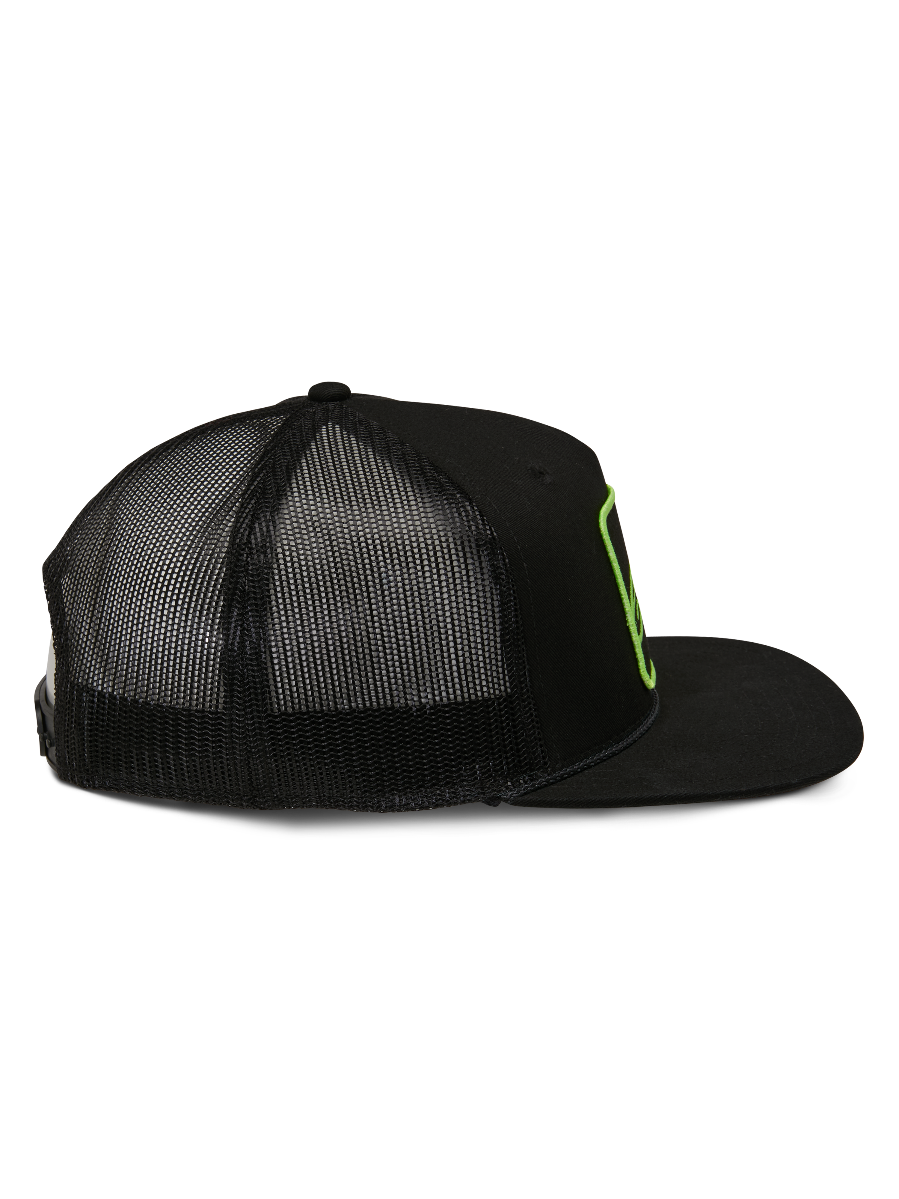 Alpinestars Control Trucker pet, trucker pet, zwart, zijaanzicht met mesh achterkant en platte klep, limoengroene geborduurde logo-omtrek, casual motorsport streetwear