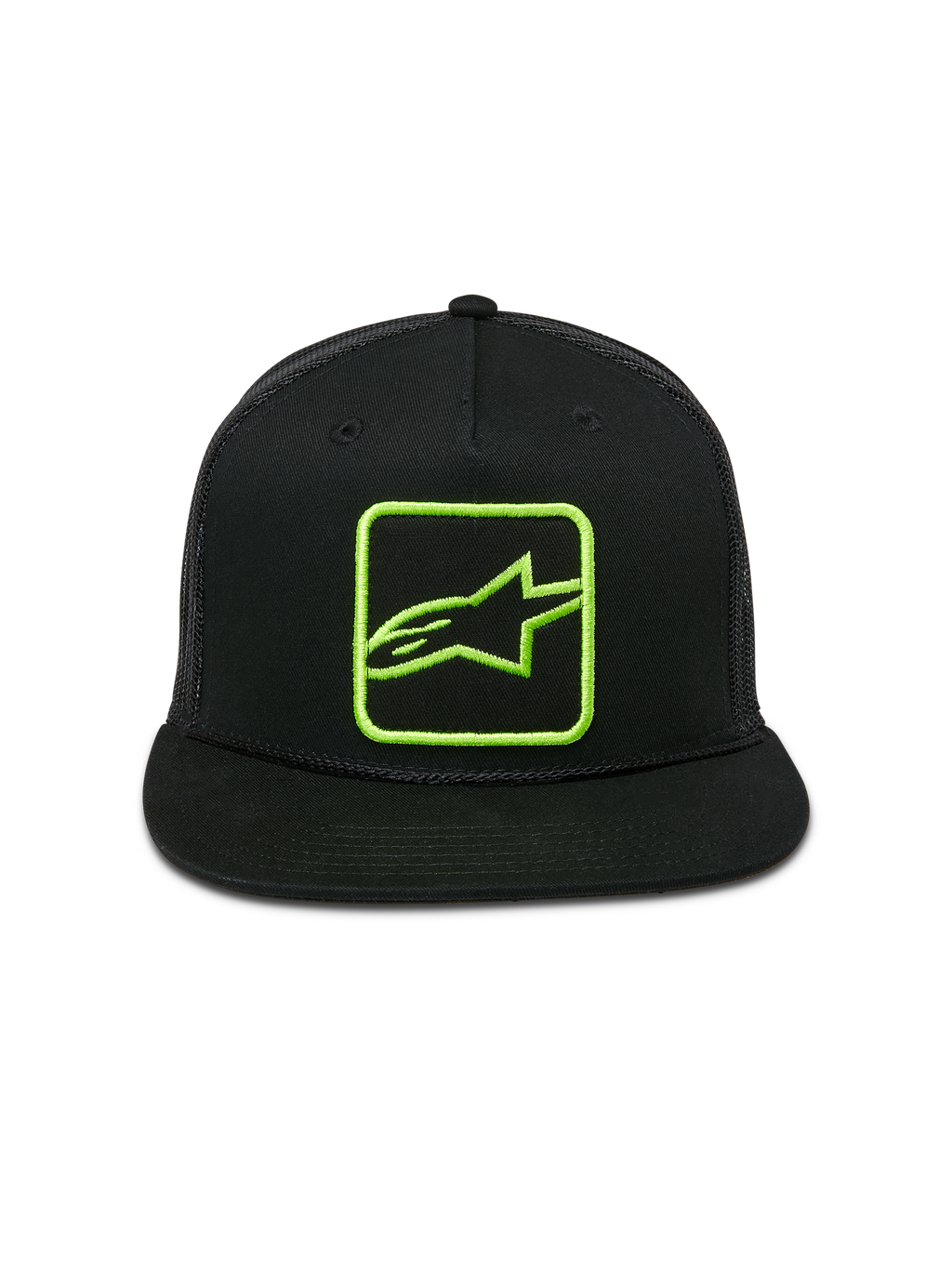 Alpinestars Control Trucker pet, zwart met limoengroen geborduurd logo, platte klep met gevlochten koord, mesh achterkant, snapback sluiting, casual motorsport streetwear