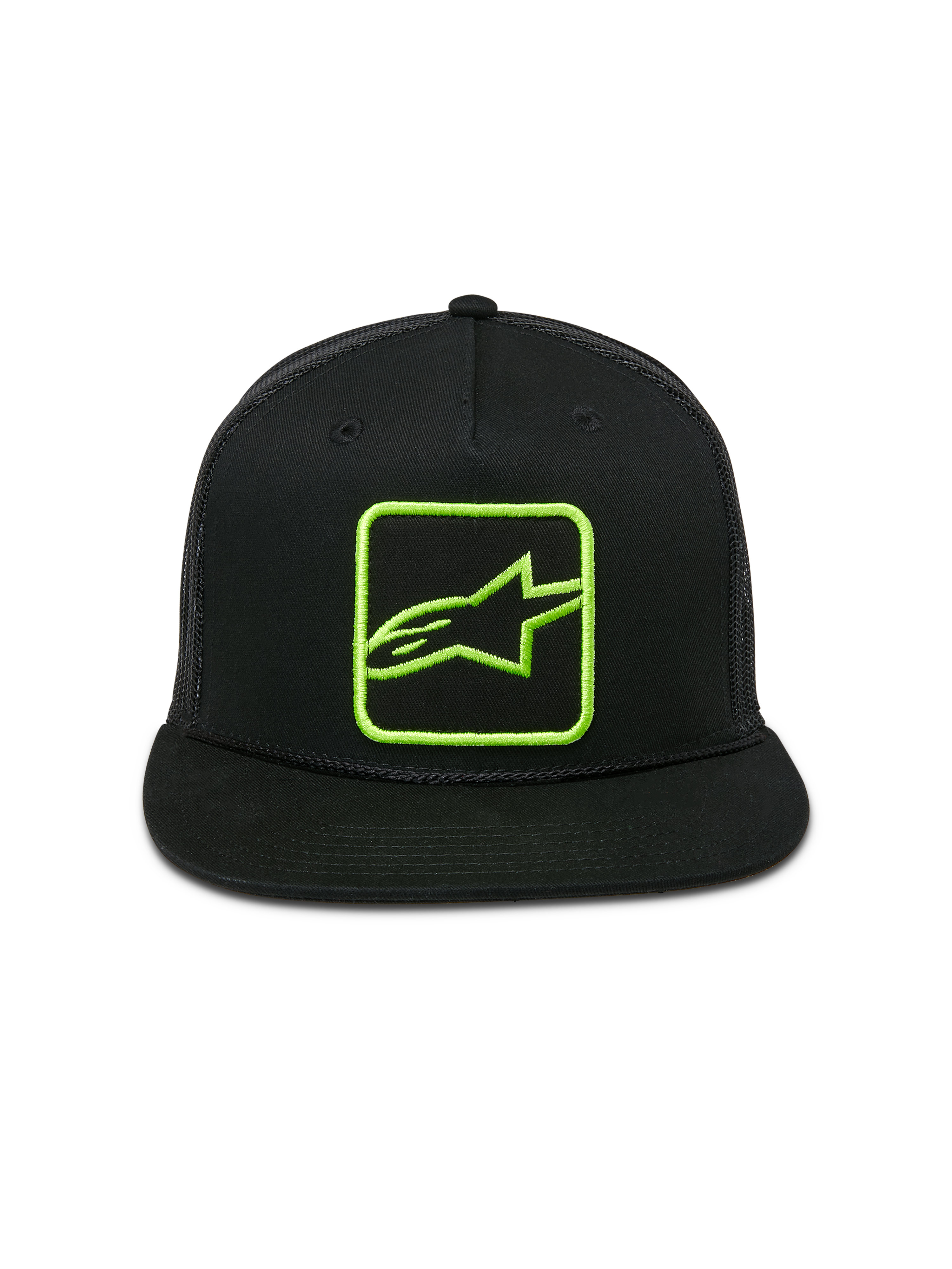 Alpinestars Control Trucker pet, zwart met limoengroen geborduurd logo, platte klep met gevlochten koord, mesh achterkant, snapback sluiting, casual motorsport streetwear
