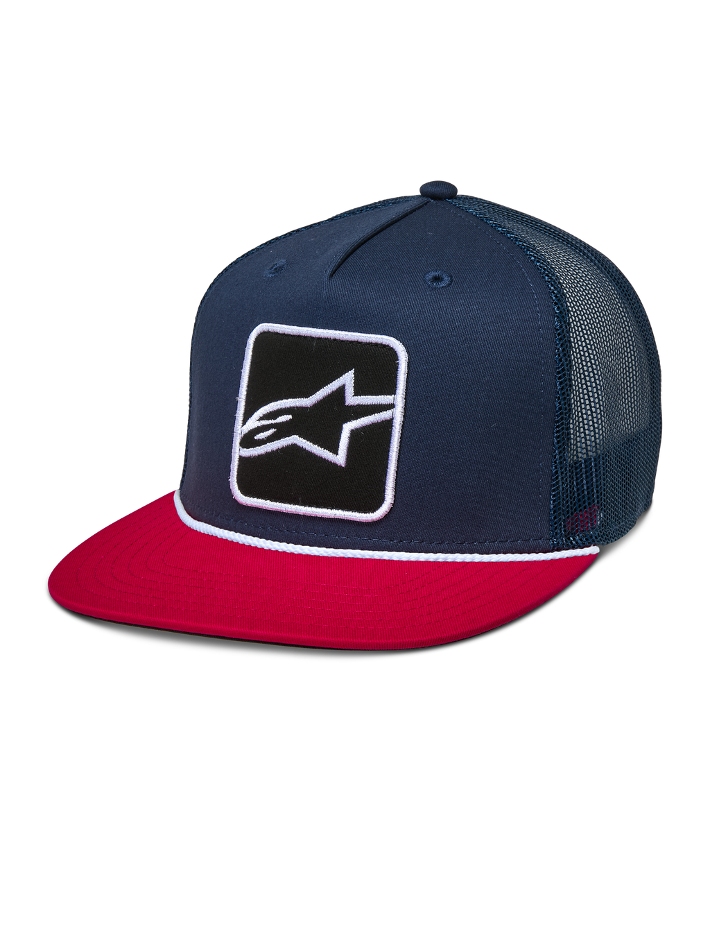 Alpinestars Control Trucker Hat, donkerblauwe en rode snapback pet met platte klep, donkerblauwe mesh achterzijde, voorzien van een geborduurde Astars logo patch en wit gevlochten koord detail, casual motorsport-geïnspireerde hoofdbedekking