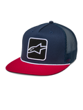 Alpinestars Control Trucker Hat, donkerblauwe en rode snapback pet met platte klep, donkerblauwe mesh achterzijde, voorzien van een geborduurde Astars logo patch en wit gevlochten koord detail, casual motorsport-geïnspireerde hoofdbedekking
