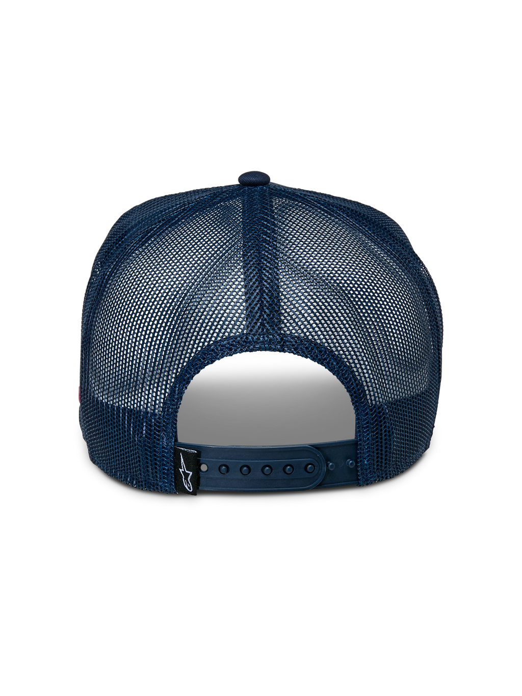 Alpinestars Control Trucker pet, achteraanzicht, marineblauwe mesh achterkant, verstelbare snapbacksluiting, klein zwart Astars-logolabel, casual sportaccessoire