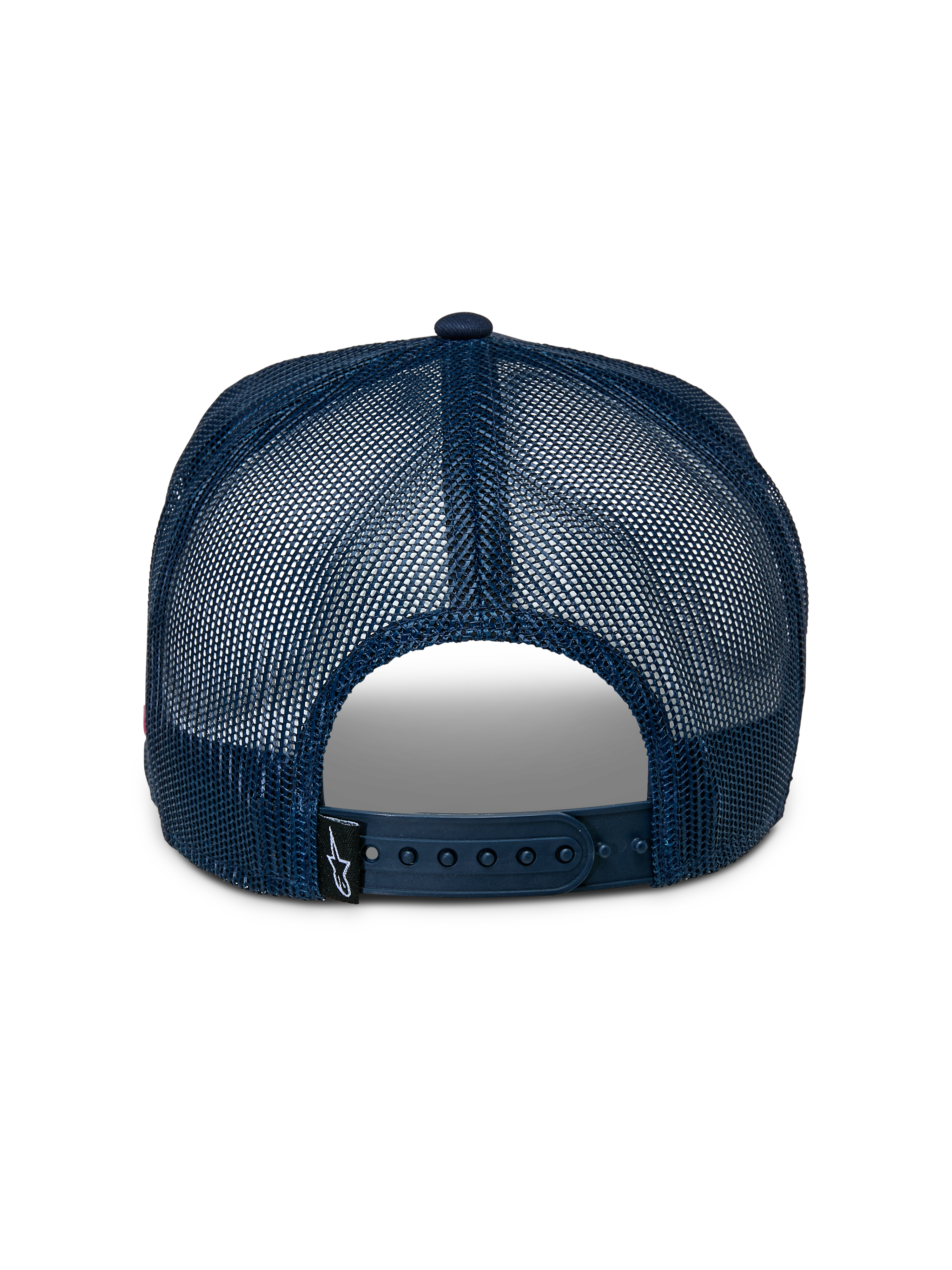 Alpinestars Control Trucker pet, achteraanzicht, marineblauwe mesh achterkant, verstelbare snapbacksluiting, klein zwart Astars-logolabel, casual sportaccessoire