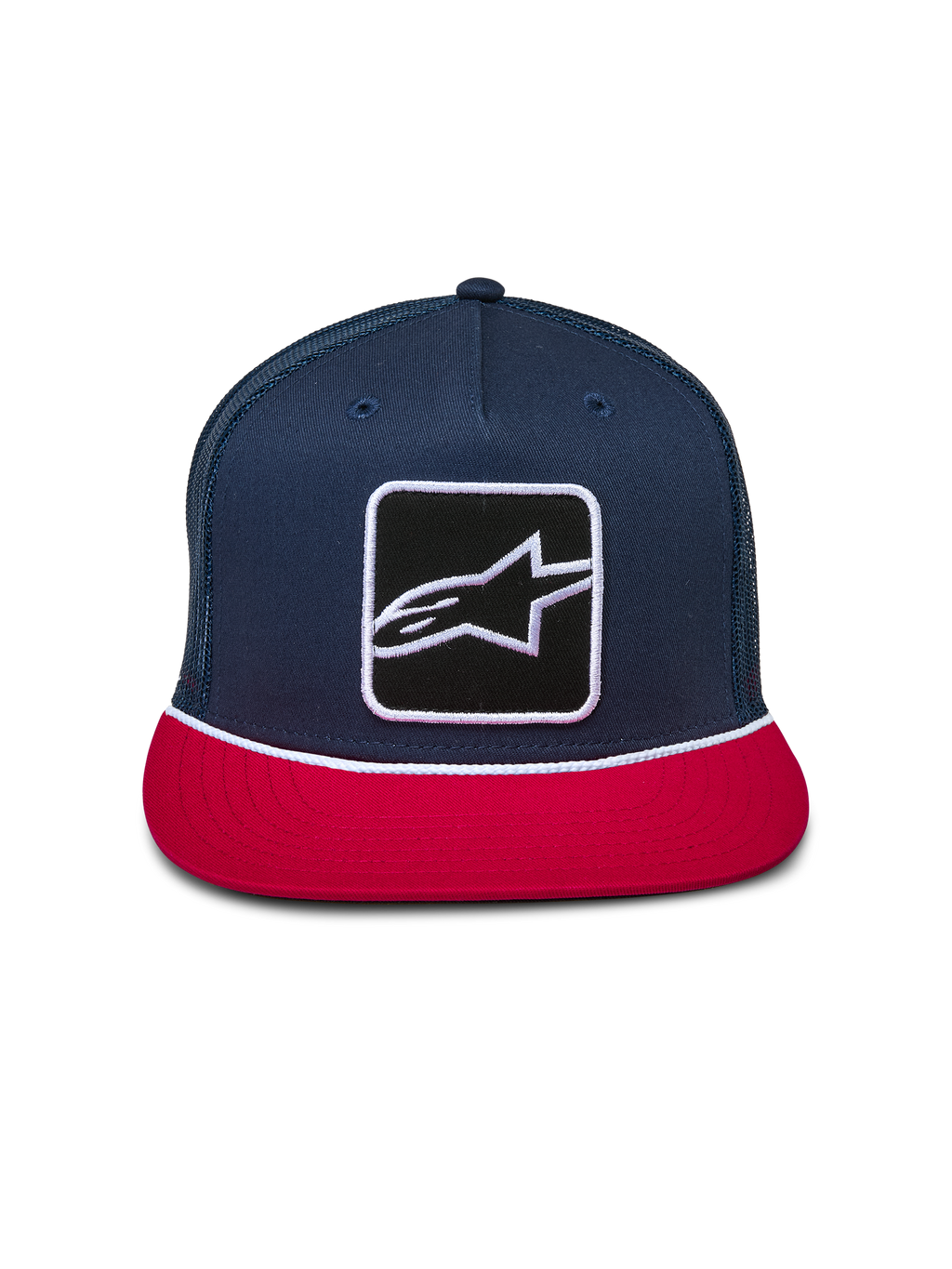 Alpinestars Control Trucker pet, marineblauw en rood, gestructureerde kroon met platte klep, Astars-logopatch op de voorkant met wit gevlochten koord, mesh achterkant, casual motorsport-hoofddeksel