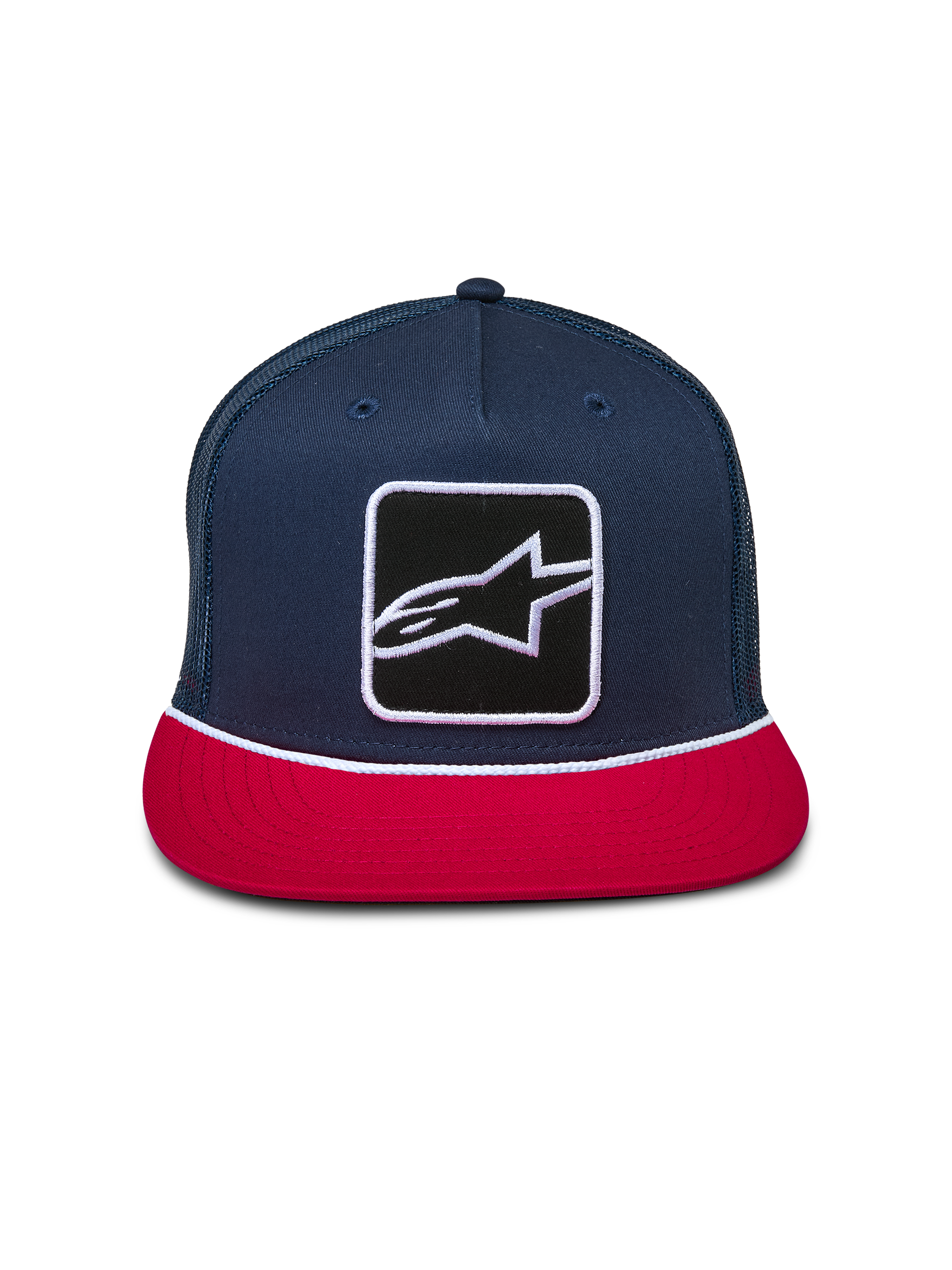 Alpinestars Control Trucker pet, marineblauw en rood, gestructureerde kroon met platte klep, Astars-logopatch op de voorkant met wit gevlochten koord, mesh achterkant, casual motorsport-hoofddeksel