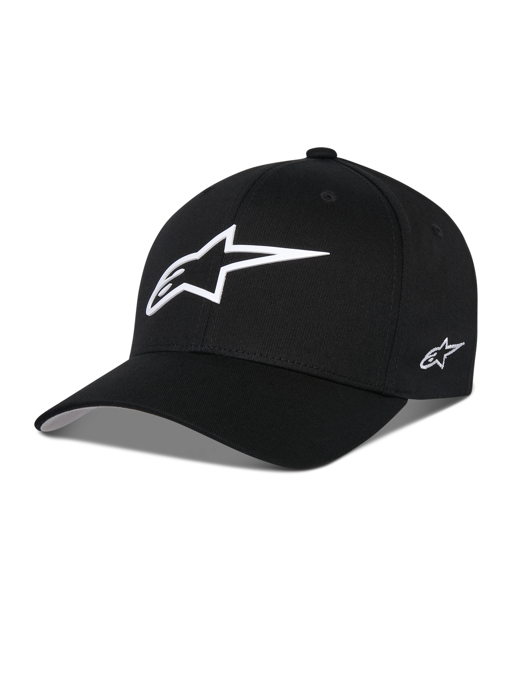 Alpinestars Ageless Multi Hat, zwarte baseballcap met groot wit 3D-sterlogo op de voorkant en klein geborduurd logo op de zijkant, gebogen klep, gestructureerde kroon, casual motorsport-geïnspireerde hoofdbedekking