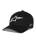 Alpinestars Ageless Multi Hat, zwarte baseballcap met groot wit 3D-sterlogo op de voorkant en klein geborduurd logo op de zijkant, gebogen klep, gestructureerde kroon, casual motorsport-geïnspireerde hoofdbedekking