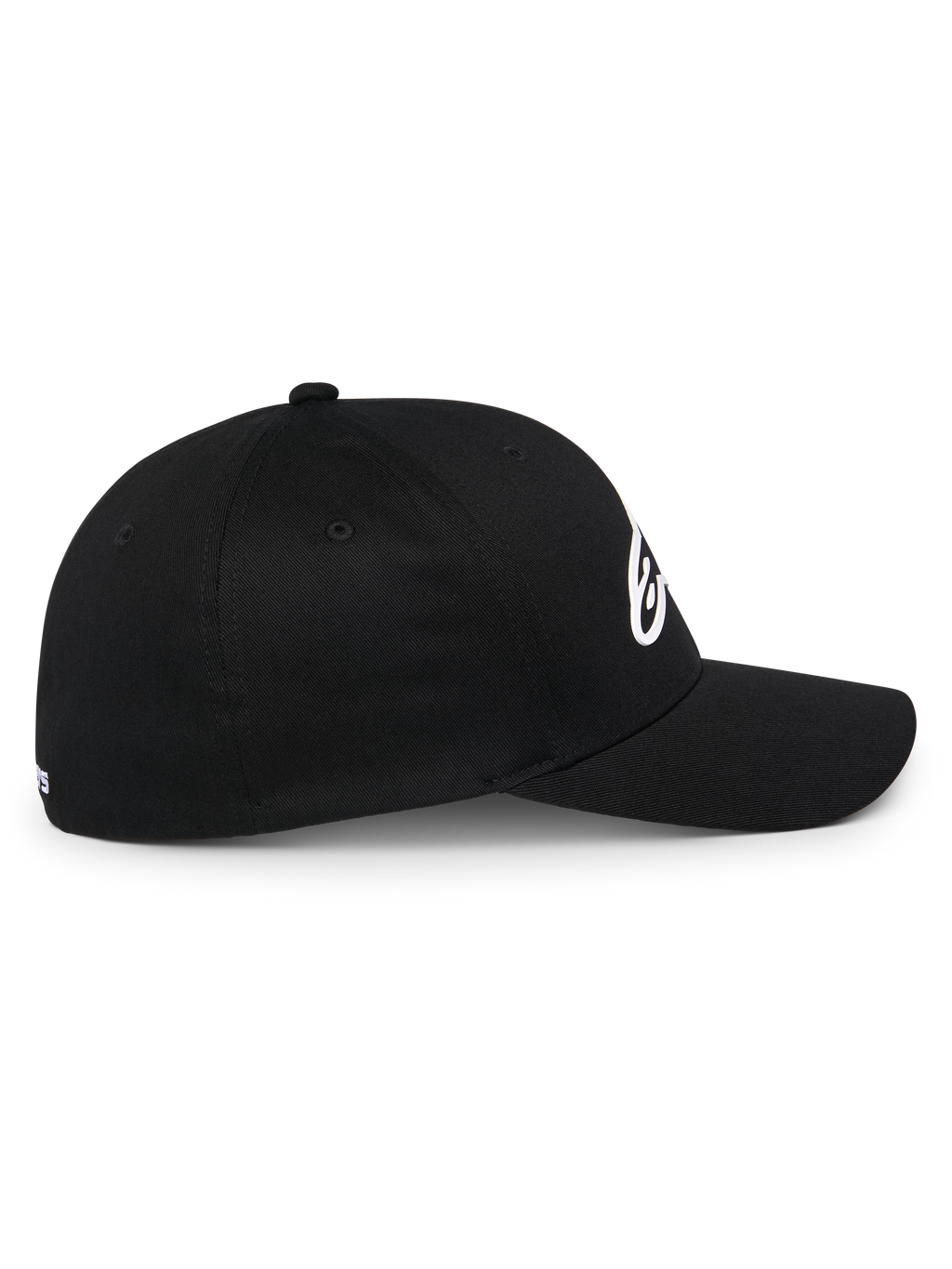 Alpinestars Ageless Multi pet, zwarte sportieve baseballcap, zijaanzicht, gebogen klep en gestructureerde kroon, wit 3D Astars logo, casual motorsport lifestyle