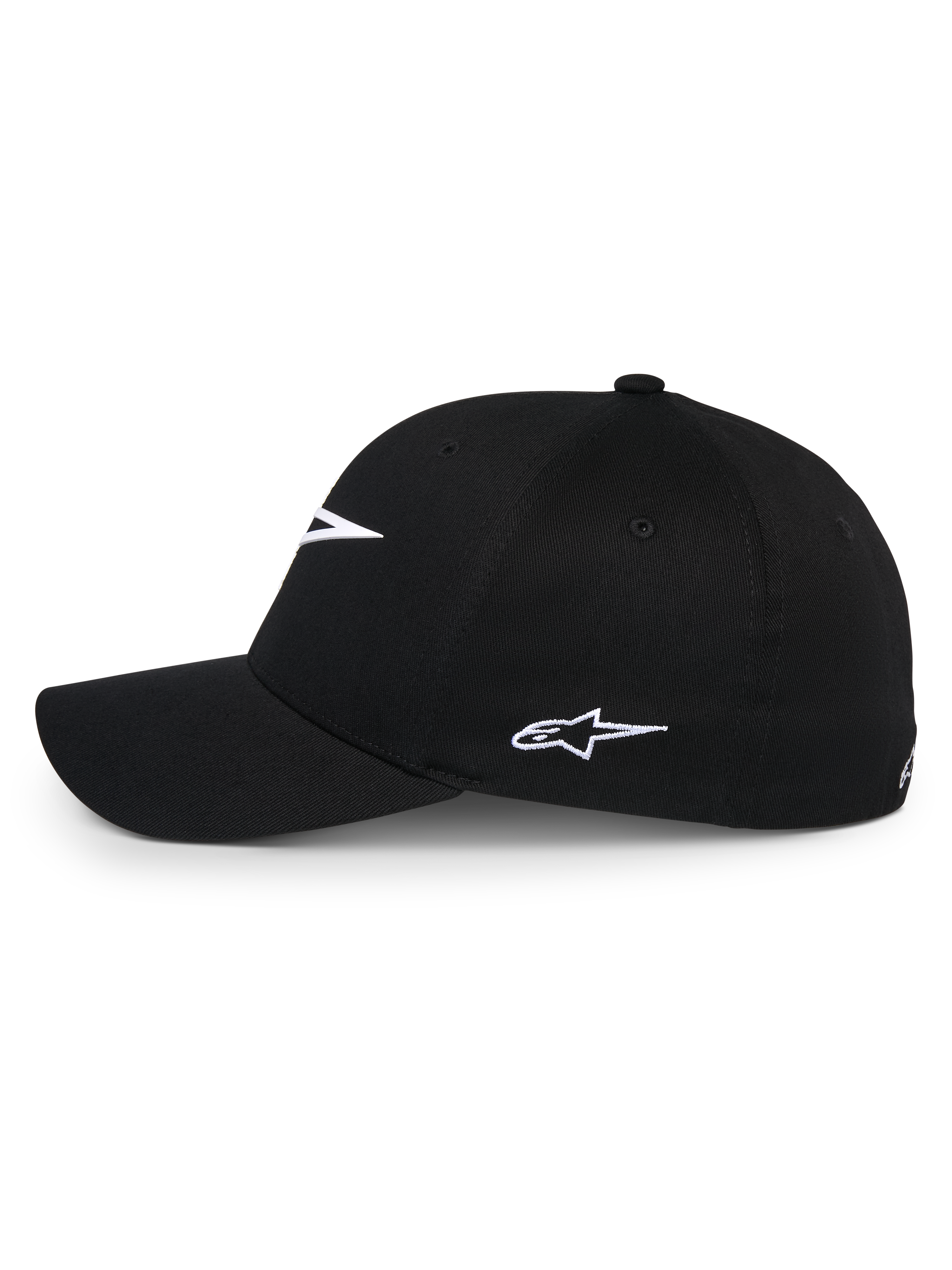 Alpinestars Ageless Multi pet, zwarte baseballcap, zijaanzicht met wit geborduurd Astars-logo, gebogen klep en gestructureerde kroon, casual sportkleding