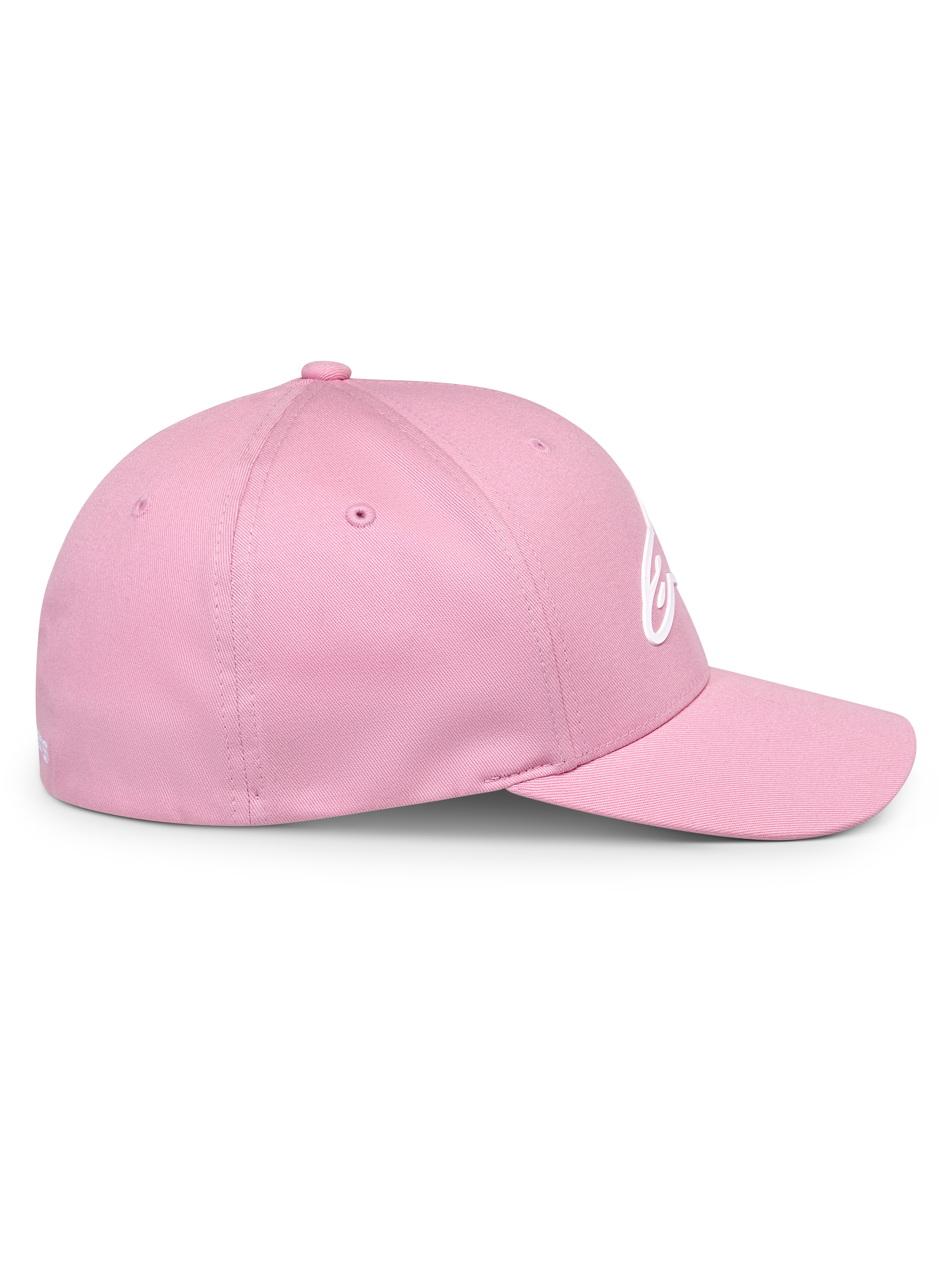 Alpinestars Ageless Multi pet, roze baseballcap, zijaanzicht, gebogen klep en gestructureerde kroon, wit 3D Astars-logo, casual motorsport-geïnspireerde streetwear
