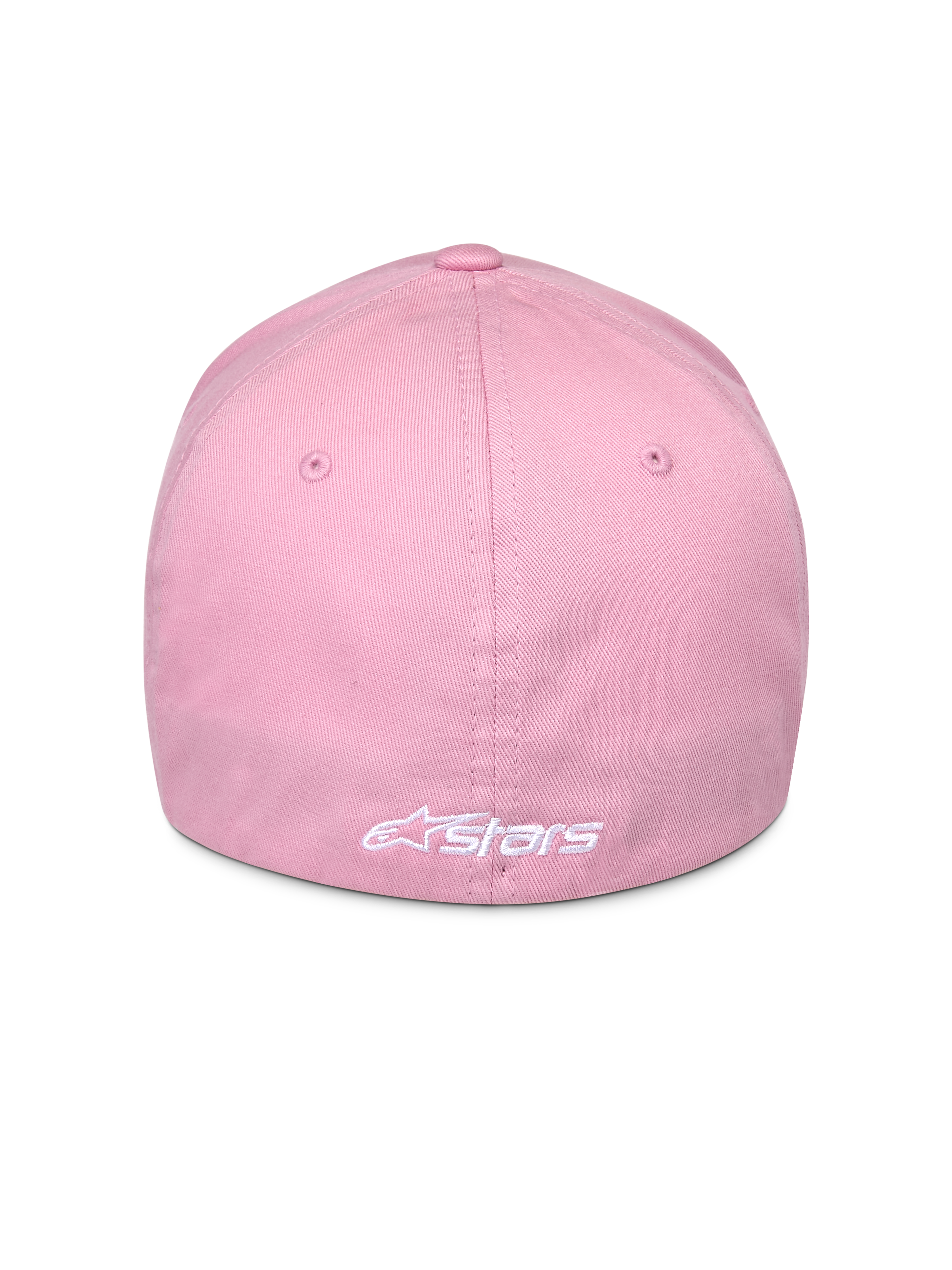Alpinestars Ageless Multi pet, roze, achteraanzicht met wit geborduurd Astars-logo, flex-fit ontwerp, stretch twill stof, casual motorsport pet
