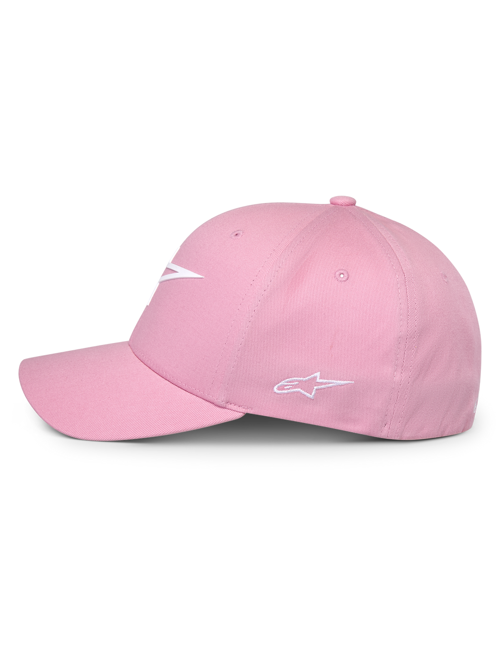 Alpinestars Ageless Multi pet, roze, zijaanzicht, voorzien van wit 3D-geprint logo aan de voorzijde en geborduurd logo aan de zijkant, gestructureerde kroon met gebogen klep, casual op motorsport geïnspireerde hoofdbedekking