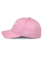 Alpinestars Ageless Multi pet, roze, zijaanzicht, voorzien van wit 3D-geprint logo aan de voorzijde en geborduurd logo aan de zijkant, gestructureerde kroon met gebogen klep, casual op motorsport geïnspireerde hoofdbedekking