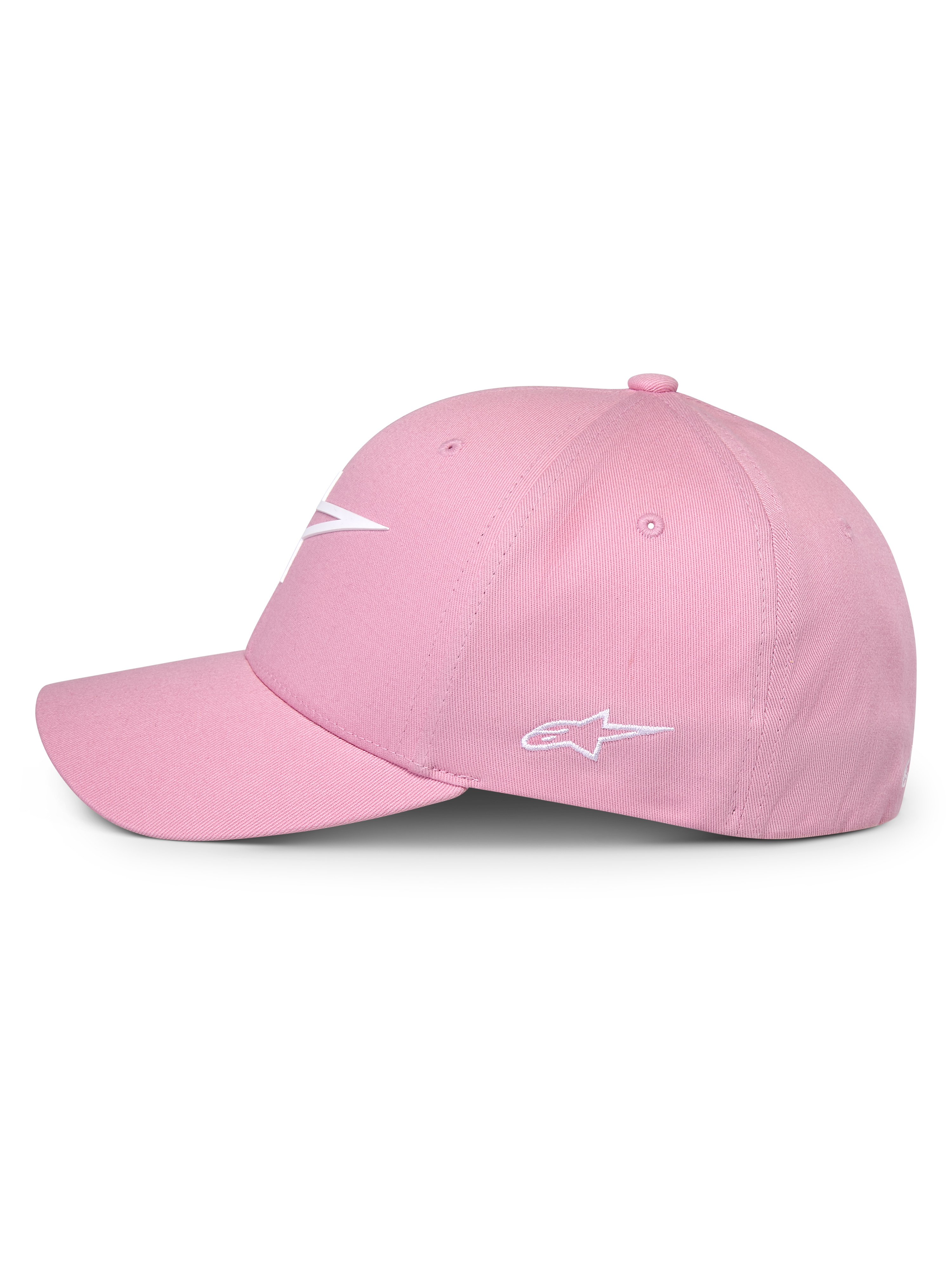 Alpinestars Ageless Multi pet, roze, zijaanzicht, voorzien van wit 3D-geprint logo aan de voorzijde en geborduurd logo aan de zijkant, gestructureerde kroon met gebogen klep, casual op motorsport geïnspireerde hoofdbedekking