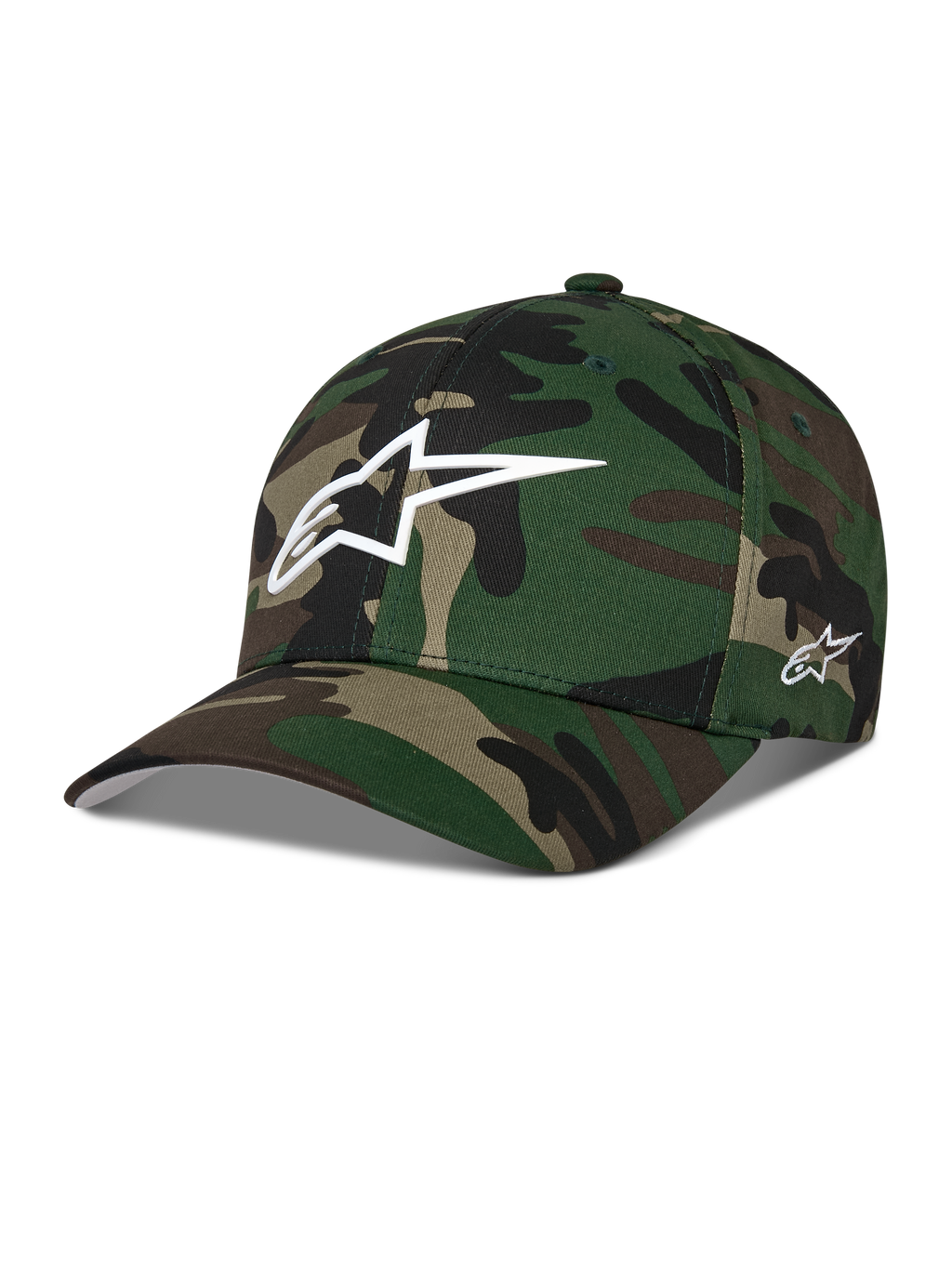 Alpinestars Ageless Multi pet, groene camouflage baseballcap, wit 3D Astars-logo op de voorkant en borduursel aan de zijkant, gebogen klep, gestructureerde kroon, casual motorsport-geïnspireerde streetwear