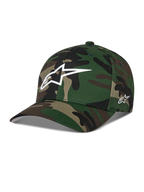 Alpinestars Ageless Multi pet, groene camouflage baseballcap, wit 3D Astars-logo op de voorkant en borduursel aan de zijkant, gebogen klep, gestructureerde kroon, casual motorsport-geïnspireerde streetwear