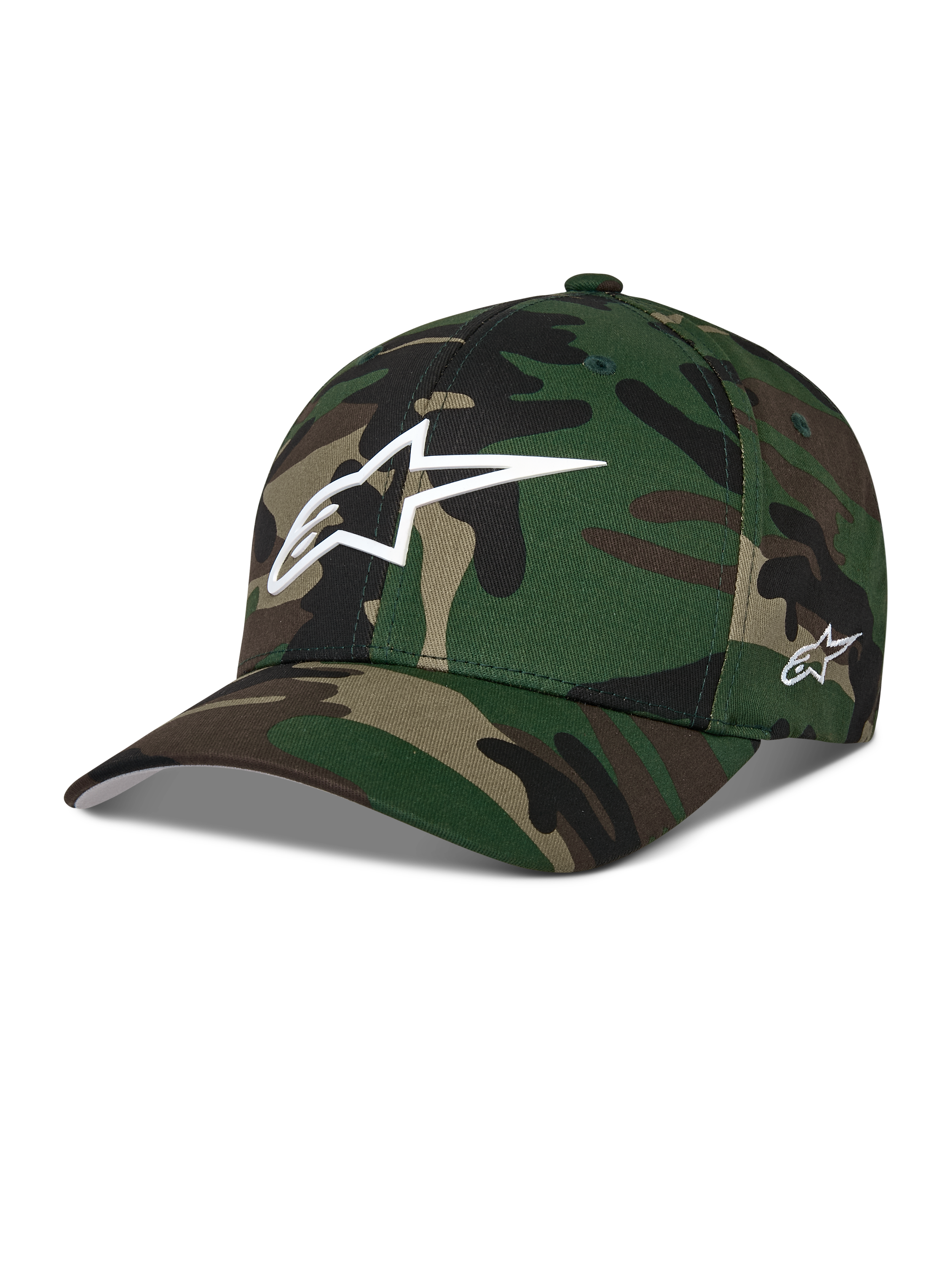 Alpinestars Ageless Multi pet, groene camouflage baseballcap, wit 3D Astars-logo op de voorkant en borduursel aan de zijkant, gebogen klep, gestructureerde kroon, casual motorsport-geïnspireerde streetwear