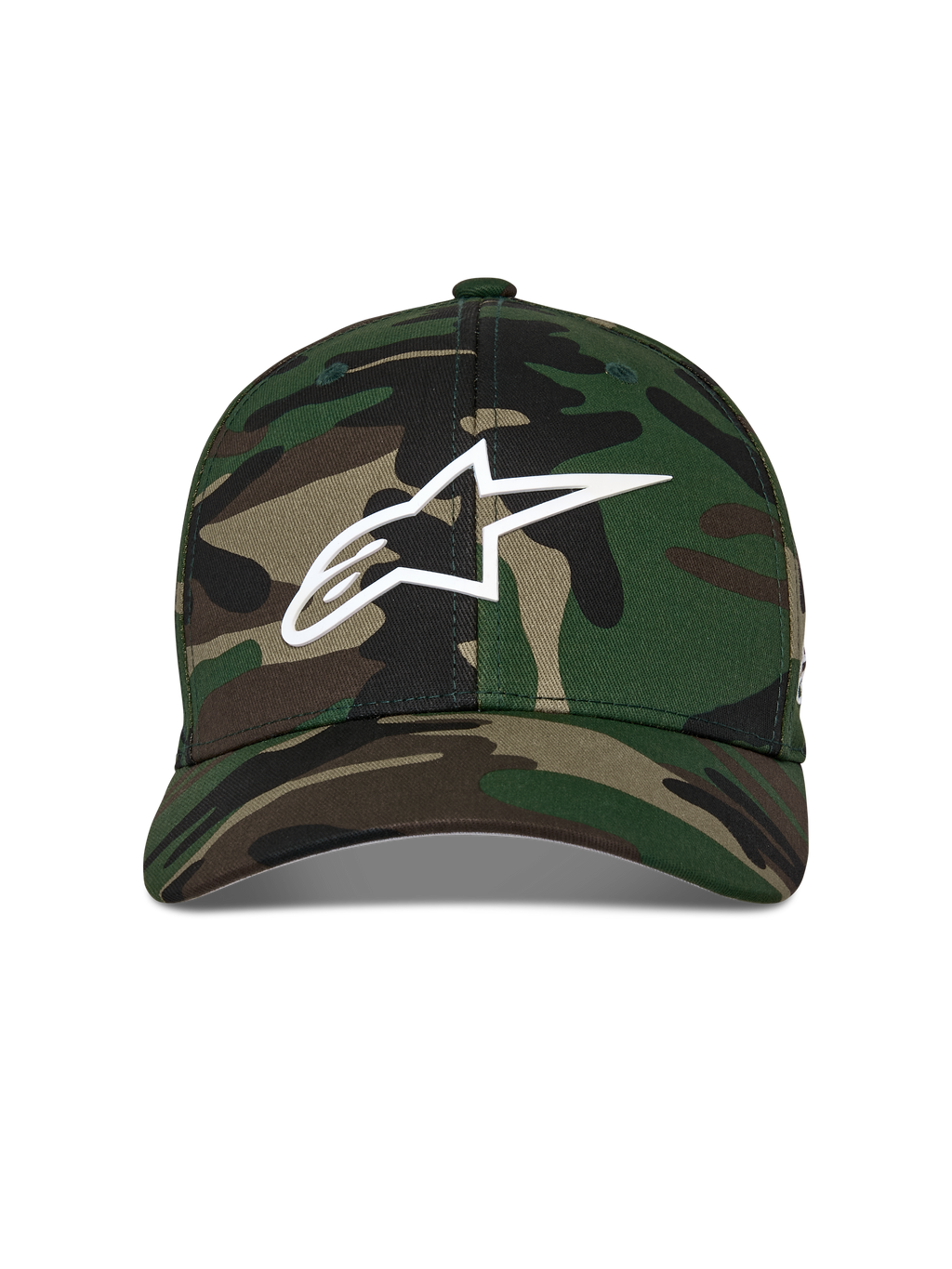 Alpinestars Ageless Multi pet, baseballcap, groene camouflage, voorzien van een wit 3D-geprint Astars-logo op de voorkant, gestructureerde kroon met een gebogen klep, casual motorsport-geïnspireerde hoofdbedekking