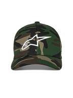 Alpinestars Ageless Multi pet, baseballcap, groene camouflage, voorzien van een wit 3D-geprint Astars-logo op de voorkant, gestructureerde kroon met een gebogen klep, casual motorsport-geïnspireerde hoofdbedekking