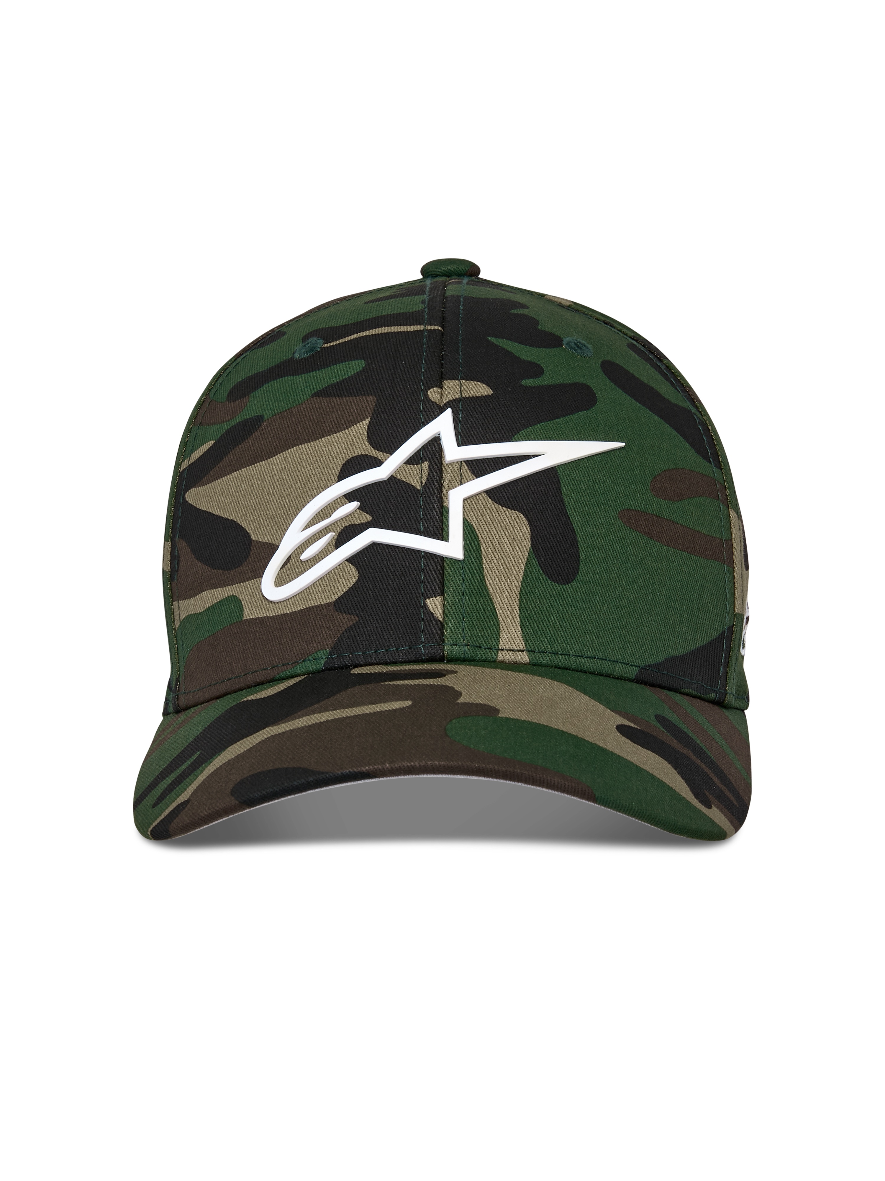 Alpinestars Ageless Multi pet, baseballcap, groene camouflage, voorzien van een wit 3D-geprint Astars-logo op de voorkant, gestructureerde kroon met een gebogen klep, casual motorsport-geïnspireerde hoofdbedekking