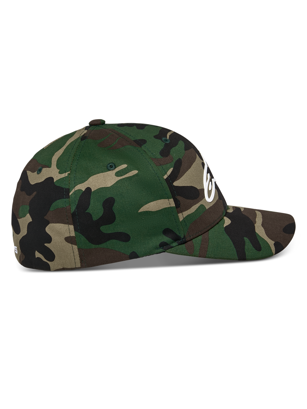 Alpinestars Ageless Multi pet, Green Camo, zijaanzicht, gebogen klep met gestructureerde kroon, stretch twill stof, wit 3D print Astars logo op de voorkant en plat borduursel op de achterkant, casual sportkleding