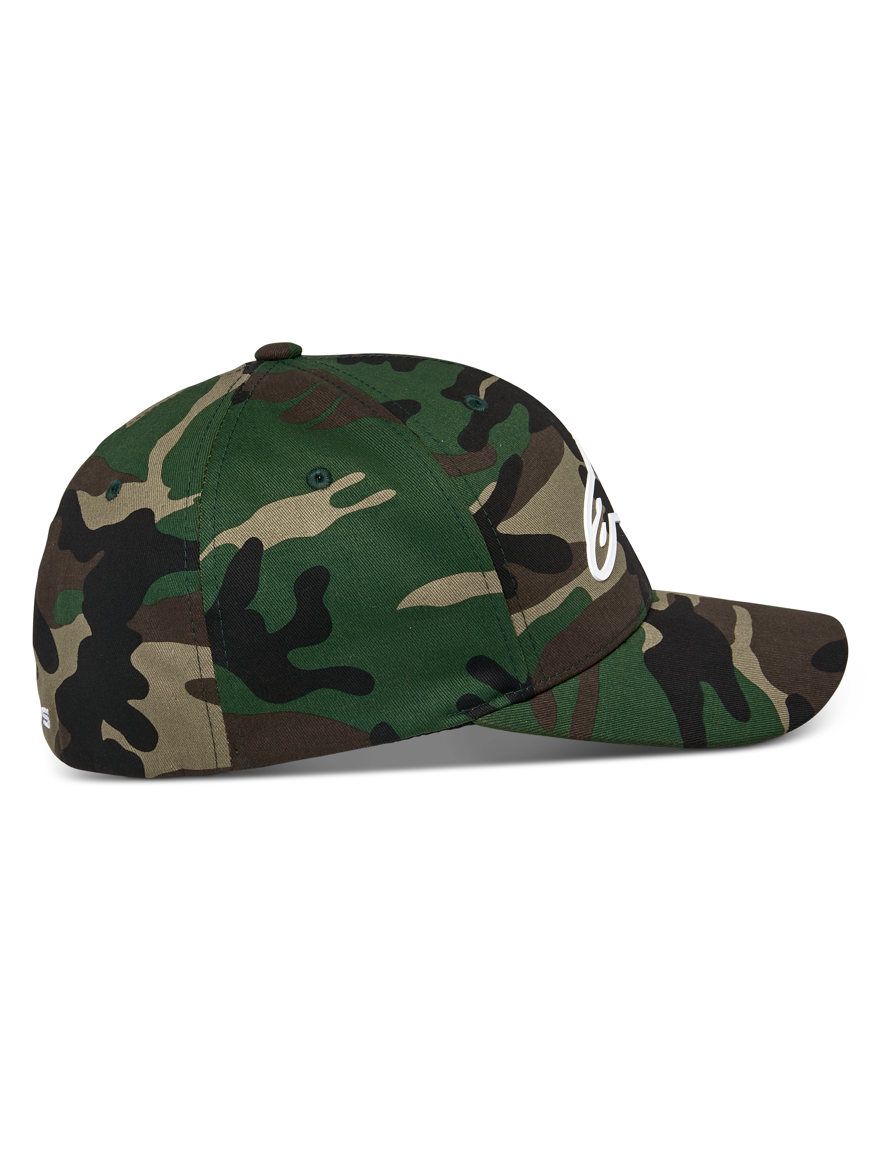 Alpinestars Ageless Multi pet, Green Camo, zijaanzicht, gebogen klep met gestructureerde kroon, stretch twill stof, wit 3D print Astars logo op de voorkant en plat borduursel op de achterkant, casual sportkleding