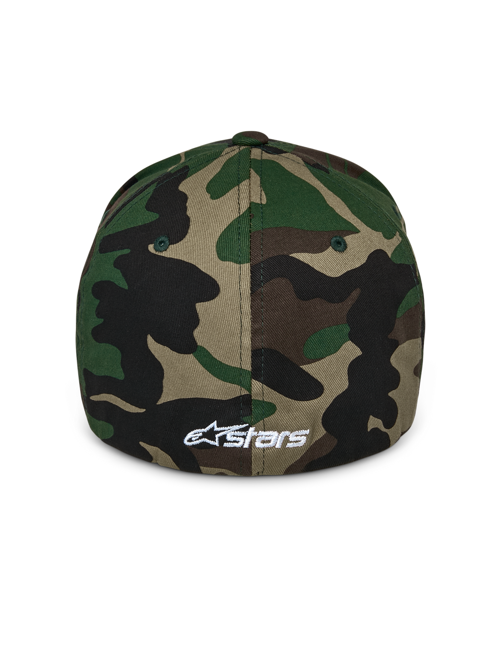 Alpinestars Ageless Multi pet, groene camouflage baseballpet, achteraanzicht met een klein wit geborduurd Astars-logo, voorzien van een gestructureerde kroon en flex-back ontwerp