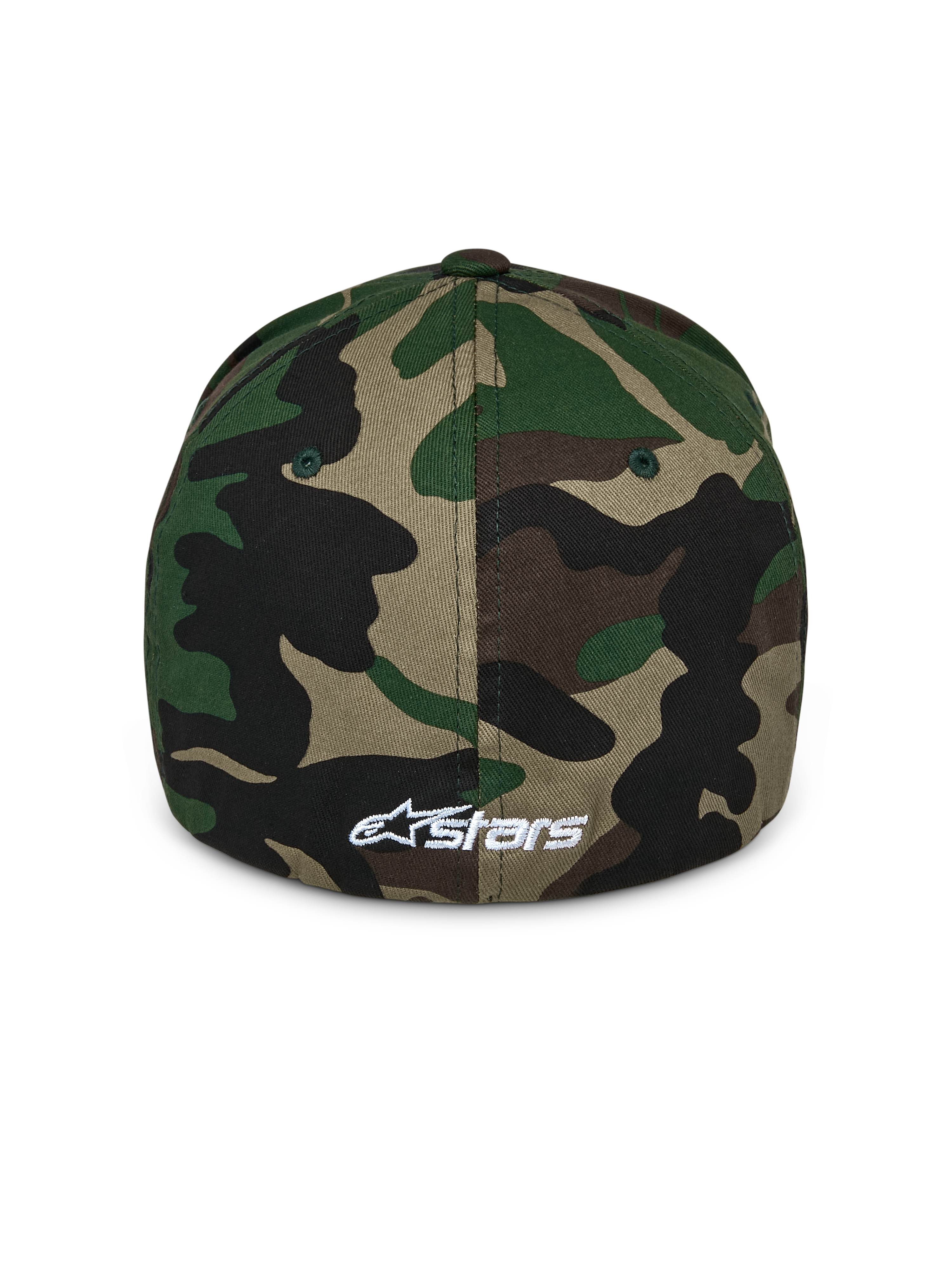 Alpinestars Ageless Multi pet, groene camouflage baseballpet, achteraanzicht met een klein wit geborduurd Astars-logo, voorzien van een gestructureerde kroon en flex-back ontwerp
