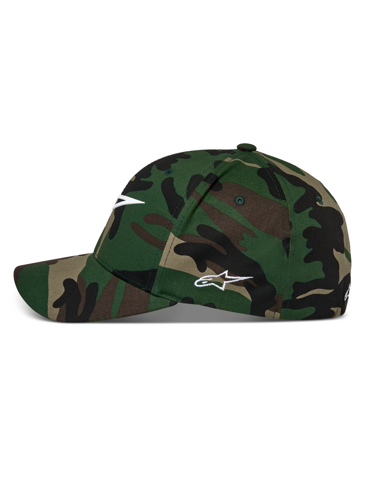 Alpinestars Ageless Multi pet, groene camouflage baseballcap, gebogen klep met gestructureerde kroon, wit Astars-logo op de voorkant en zijkant, casual motorsport streetwear