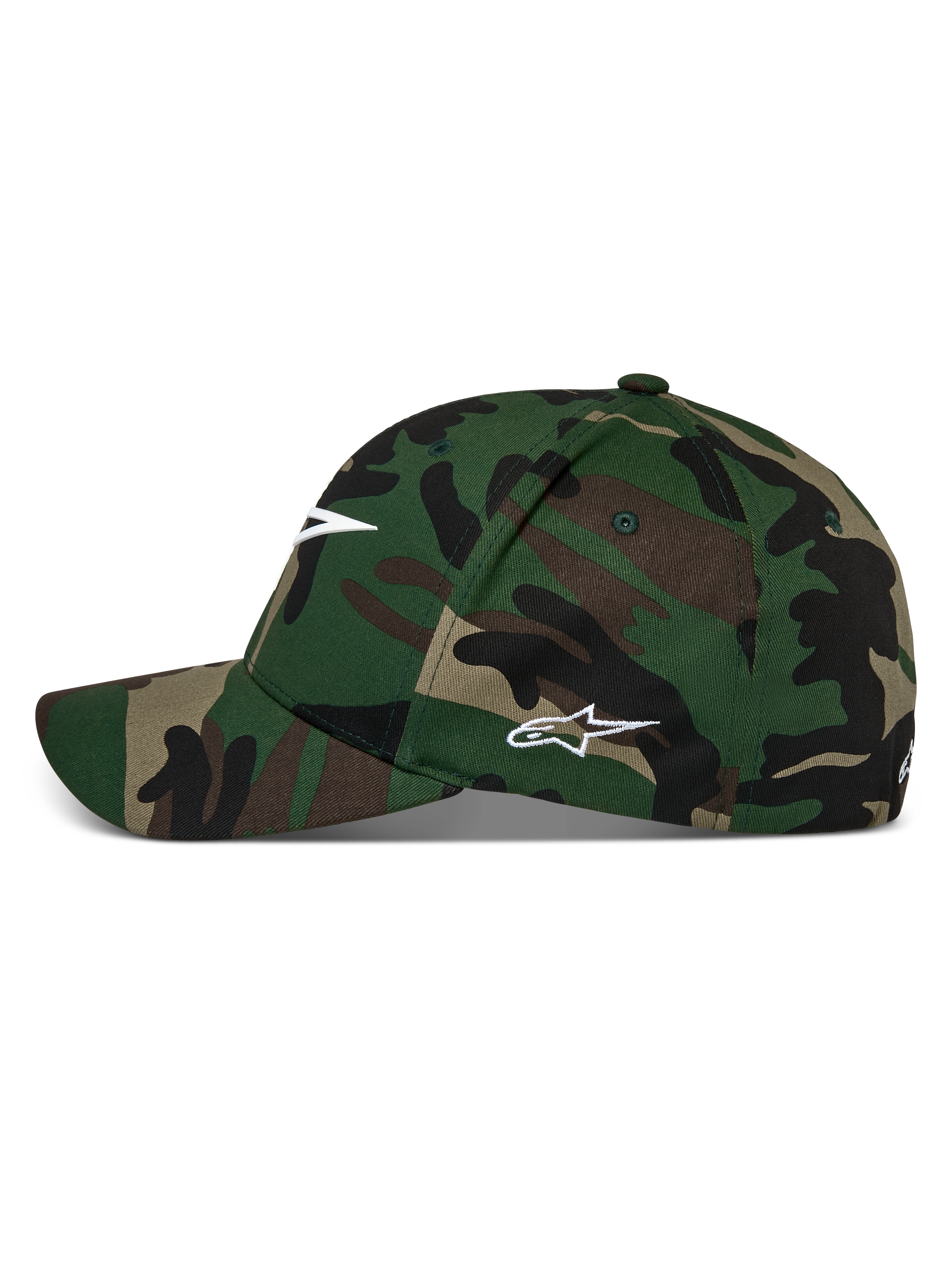 Alpinestars Ageless Multi pet, groene camouflage baseballcap, gebogen klep met gestructureerde kroon, wit Astars-logo op de voorkant en zijkant, casual motorsport streetwear