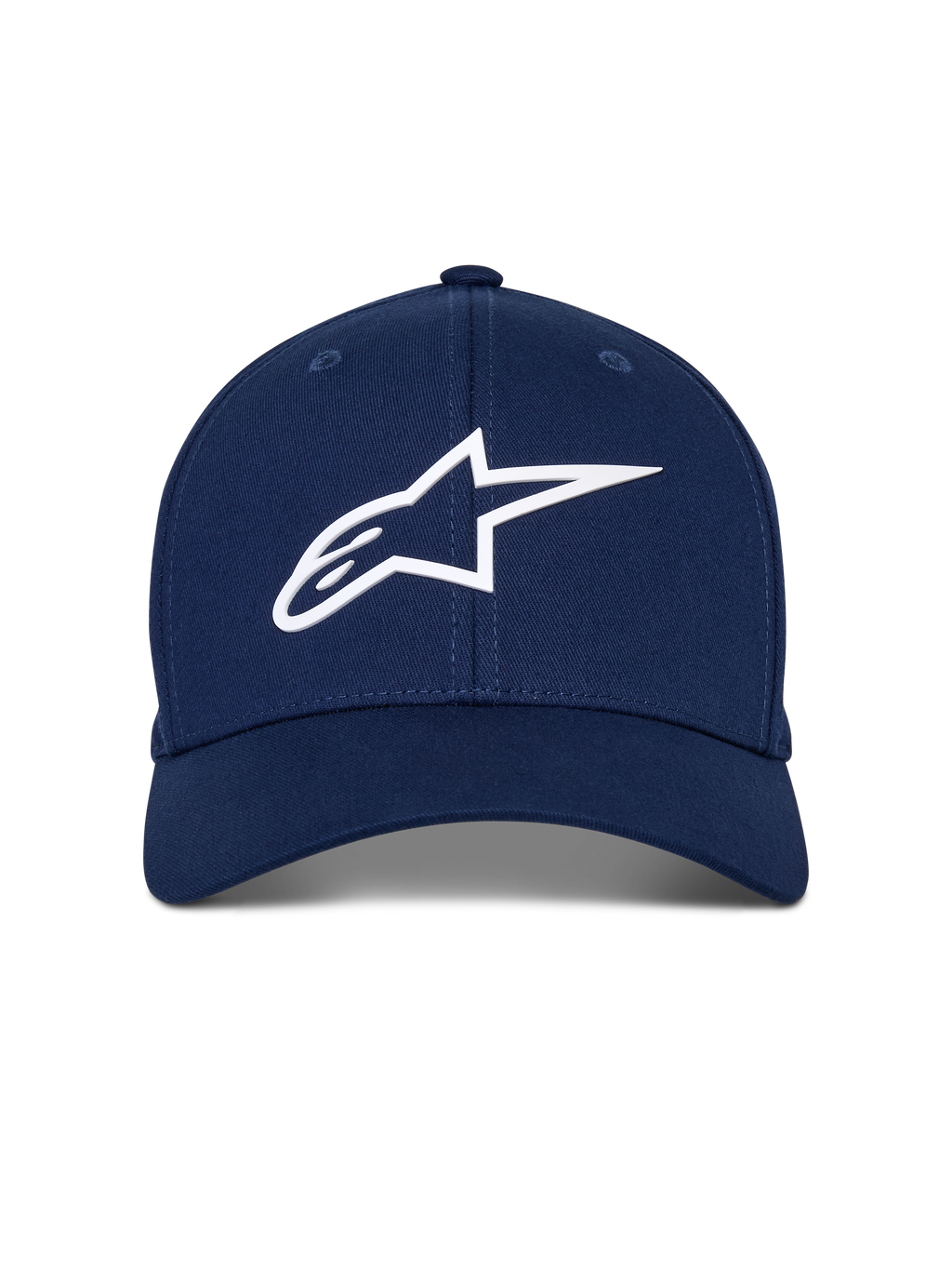 Alpinestars Ageless Multi pet, marineblauwe baseballcap met wit 3D Astars-logo, gebogen klep, gestructureerde kroon, casual motorsport streetwear