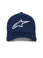 Alpinestars Ageless Multi pet, marineblauwe baseballcap met wit 3D Astars-logo, gebogen klep, gestructureerde kroon, casual motorsport streetwear