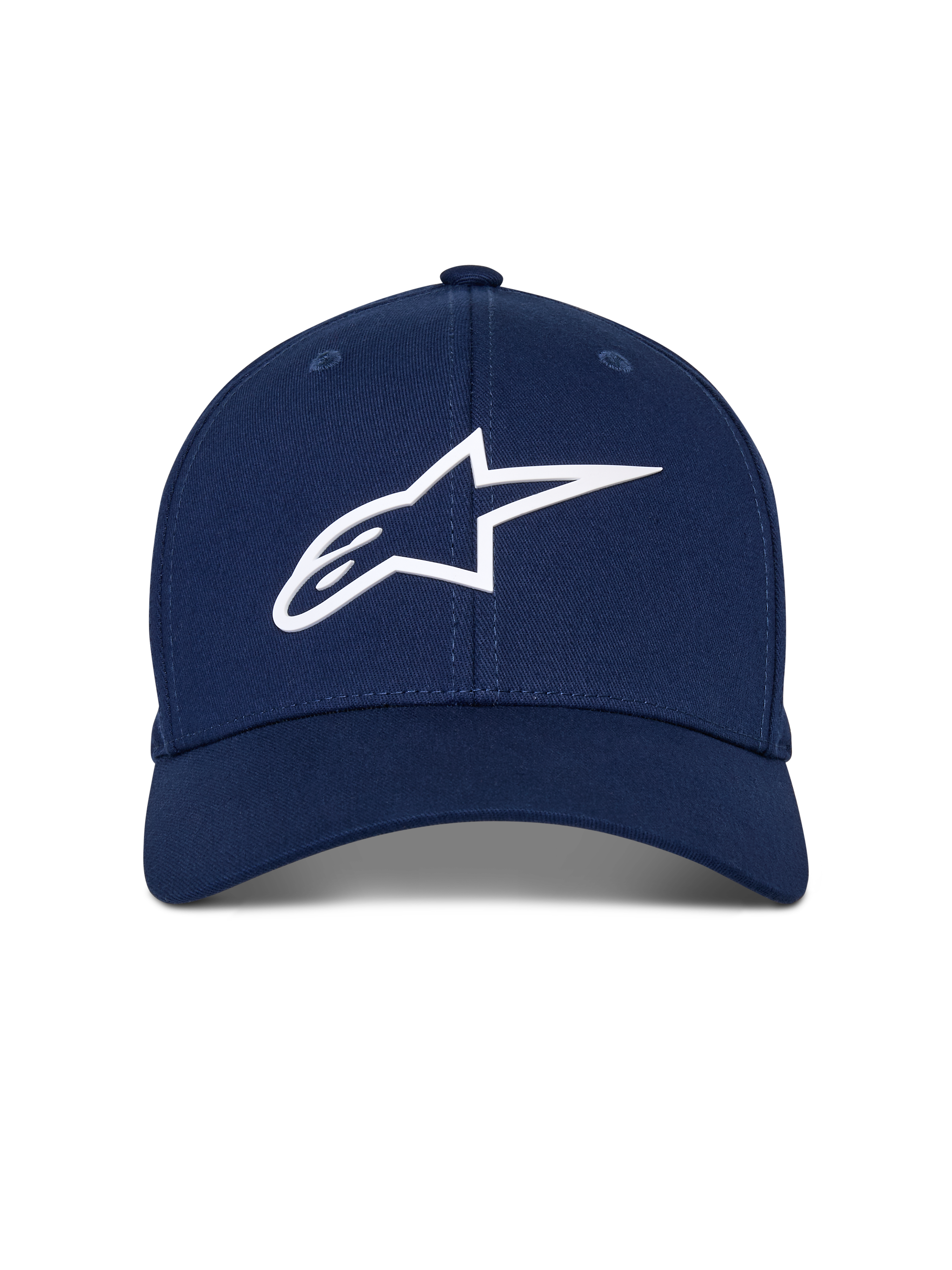 Alpinestars Ageless Multi pet, marineblauwe baseballcap met wit 3D Astars-logo, gebogen klep, gestructureerde kroon, casual motorsport streetwear