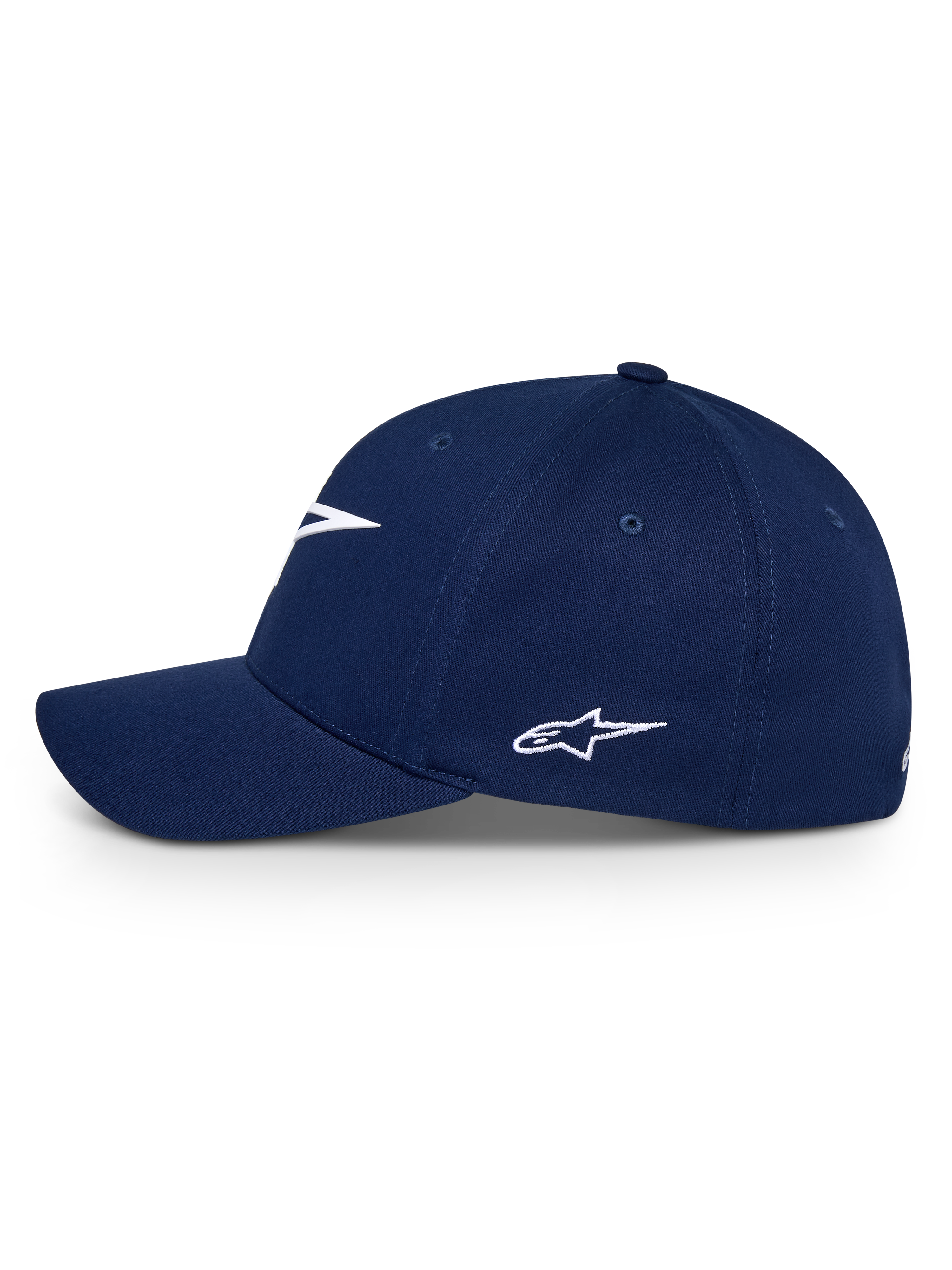 Alpinestars Ageless Multi pet, marineblauw, zijaanzicht van een baseballcap met gebogen klep, wit geborduurd Astars-logo, casual sportieve hoofdbedekking