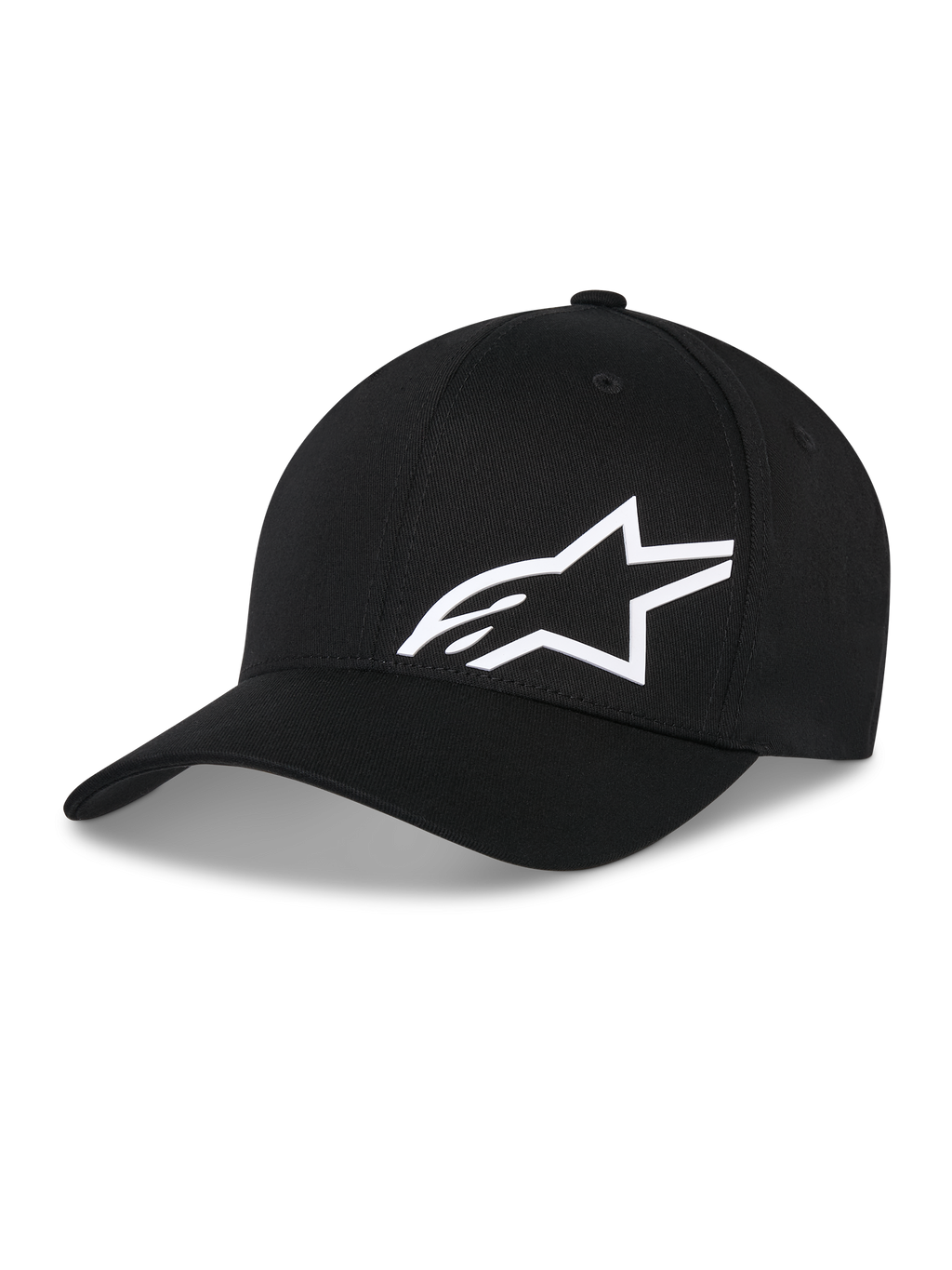 Alpinestars Corp Shift Multi Hat, zwarte baseballcap met wit 3D Astars-logo, gebogen klep, gestructureerde kroon, casual hoofdbedekking geïnspireerd op de motorsport