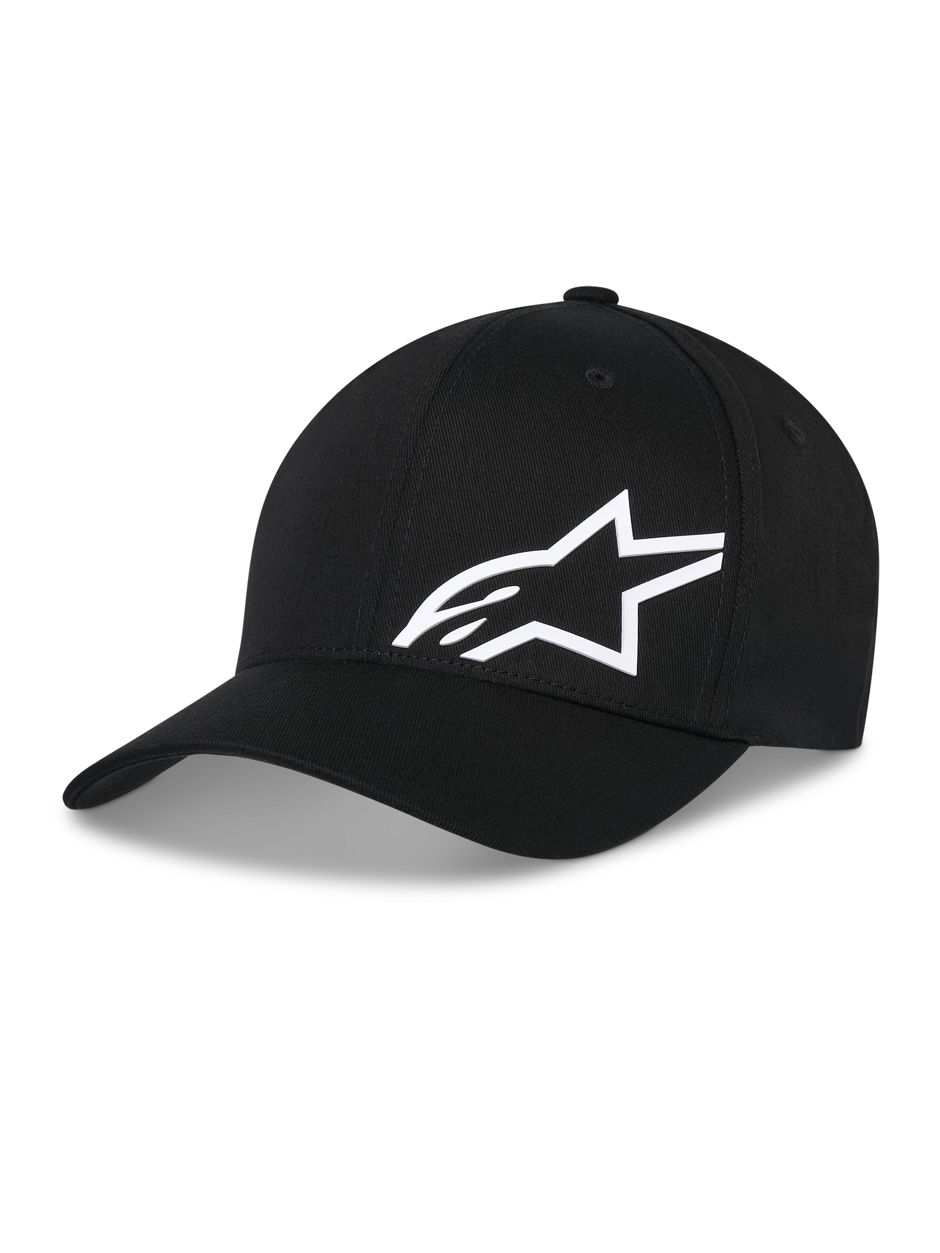Alpinestars Corp Shift Multi Hat, zwarte baseballcap met wit 3D Astars-logo, gebogen klep, gestructureerde kroon, casual hoofdbedekking geïnspireerd op de motorsport