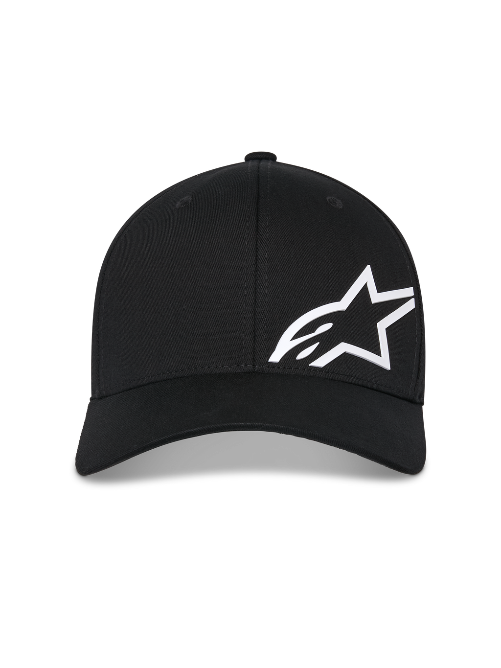 Alpinestars Corp Shift Multi pet, zwarte baseballcap, wit 3D-geprint Astars-logo op de voorkant, gebogen klep, gestructureerde kroon, casual motorsport-geïnspireerde hoofdbedekking