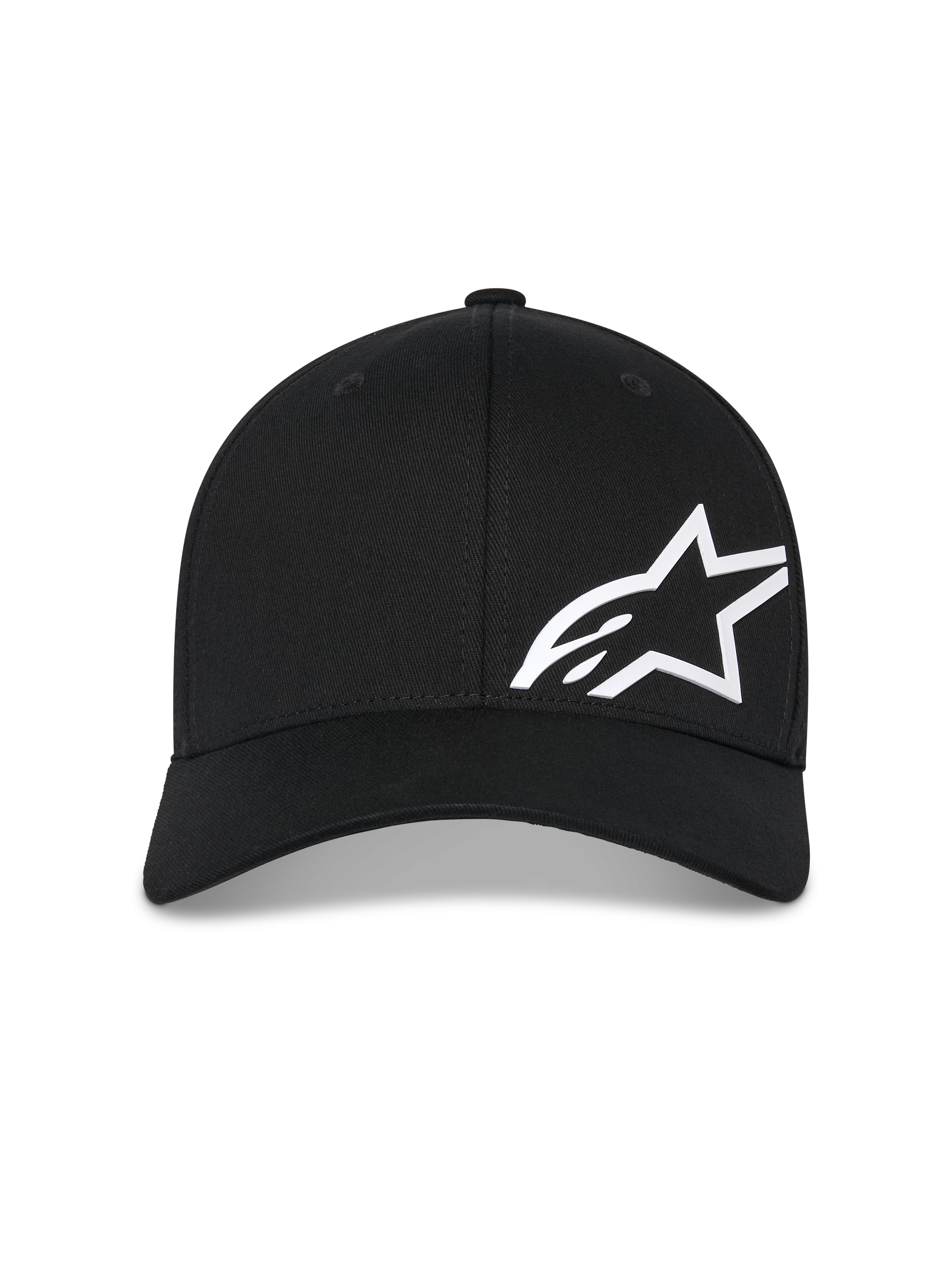 Alpinestars Corp Shift Multi pet, zwarte baseballcap, wit 3D-geprint Astars-logo op de voorkant, gebogen klep, gestructureerde kroon, casual motorsport-geïnspireerde hoofdbedekking