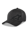 Alpinestars Corp Shift Multi pet, baseballcap, donkergrijs gemêleerd, zwart 3D Astars-logo, gestructureerde kroon, gebogen klep, stretch twill stof, casual motorsport lifestyle hoofdbedekking