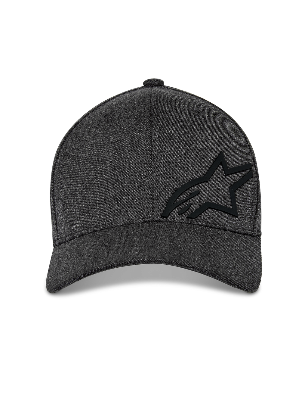 Alpinestars Corp Shift Multi pet, baseballcap, donkergrijs gemêleerd, vooraanzicht met een gestructureerde kroon, zwart 3D Astars-logo en gebogen klep, casual motorsport streetwear
