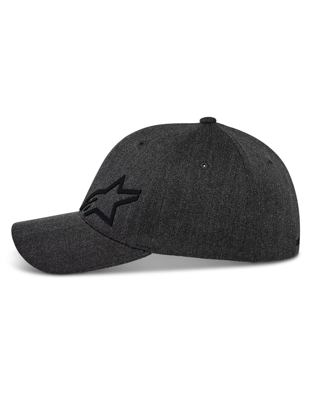 Alpinestars Corp Shift Multi pet, baseballcap, donkergrijs gemêleerd, zijaanzicht met zwart 3D Astars ster-logo, gebogen klep, gestructureerde kroon, stretch twill stof, casual motorsport-geïnspireerde hoofdbedekking