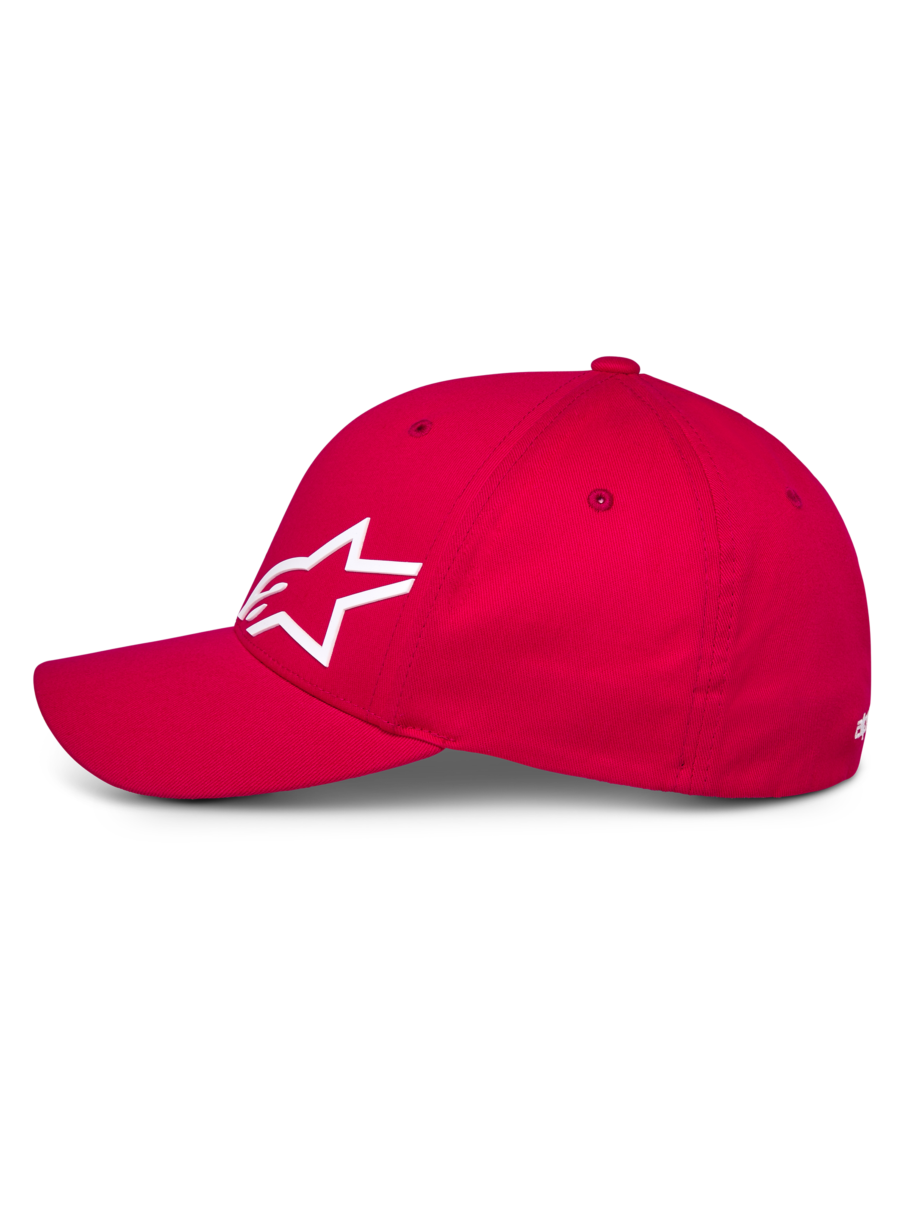 Alpinestars Corp Shift Multi Hat, Red baseball-style cap, side profile view showing white 3D Astars logo, curved bill and structured crown, casual motorsport headwear