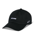 Alpinestars Deduce Strapback pet, zwarte baseballcap met gebogen klep, wit ASTARS-borduurwerk op de voorkant en sterlogo op de zijkant, ongestructureerde lage kroon, katoenen keperstof