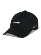 Alpinestars Deduce Strapback pet, zwarte baseballcap met gebogen klep, wit ASTARS-borduurwerk op de voorkant en sterlogo op de zijkant, ongestructureerde lage kroon, katoenen keperstof