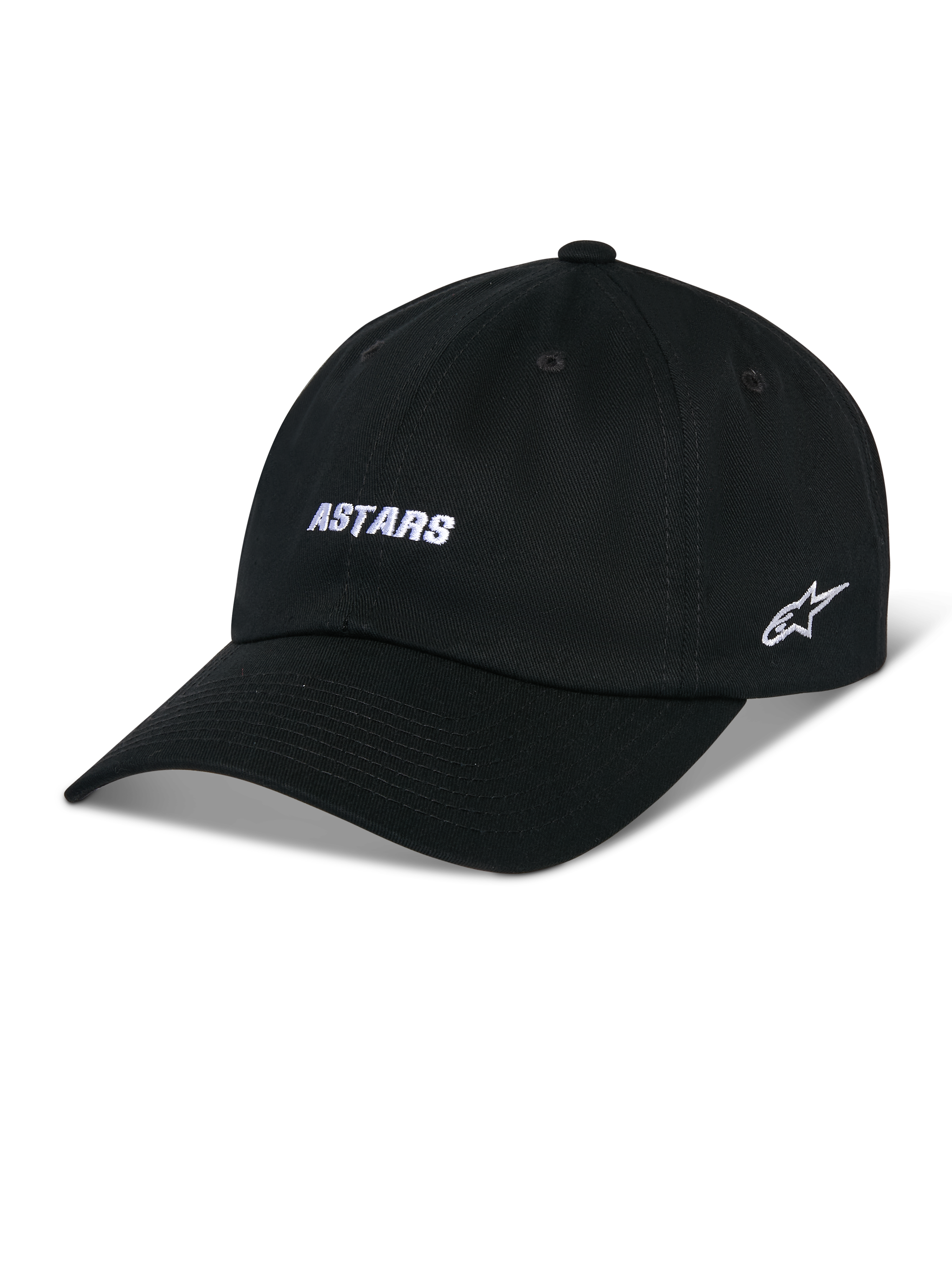Alpinestars Deduce Strapback pet, zwarte baseballcap met gebogen klep, wit ASTARS-borduurwerk op de voorkant en sterlogo op de zijkant, ongestructureerde lage kroon, katoenen keperstof